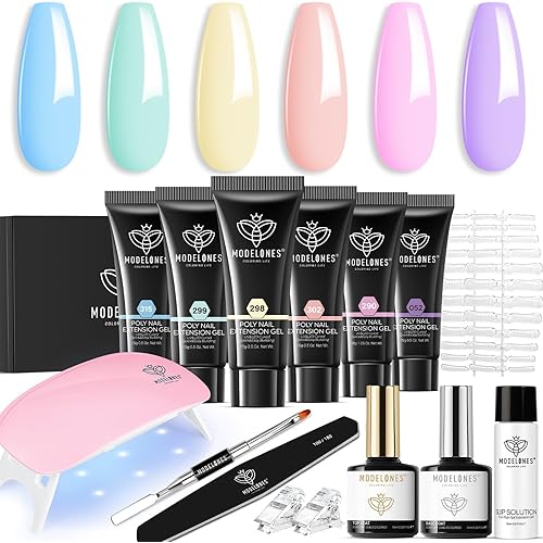 Modelones Poly Gel Nail Kit 60pcs, 6 colors pastel nude blue yellow gel kit for extensions, nail art & manicure decorations