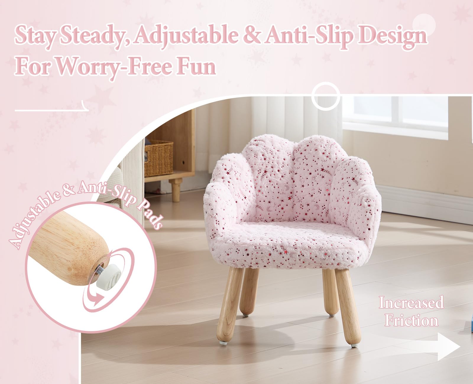 chairus Poltroncina per Bambini in Pelliccia con Gambe in Legno, Rosa