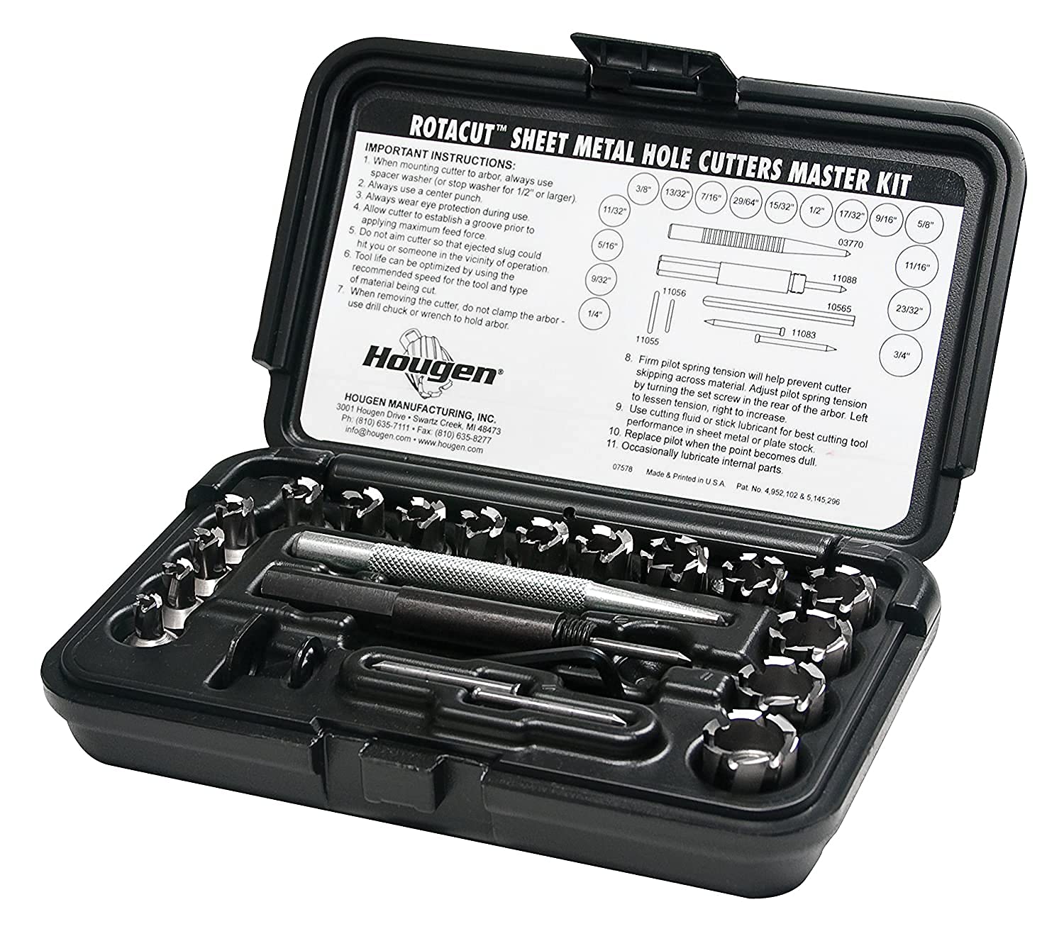 Hougen 11085 RotaCut Hole Cutter Master Kit - Fractional 21 Piece, 1/4 to 3/4" Cutter Diameter, 1/4" Cutting Depth