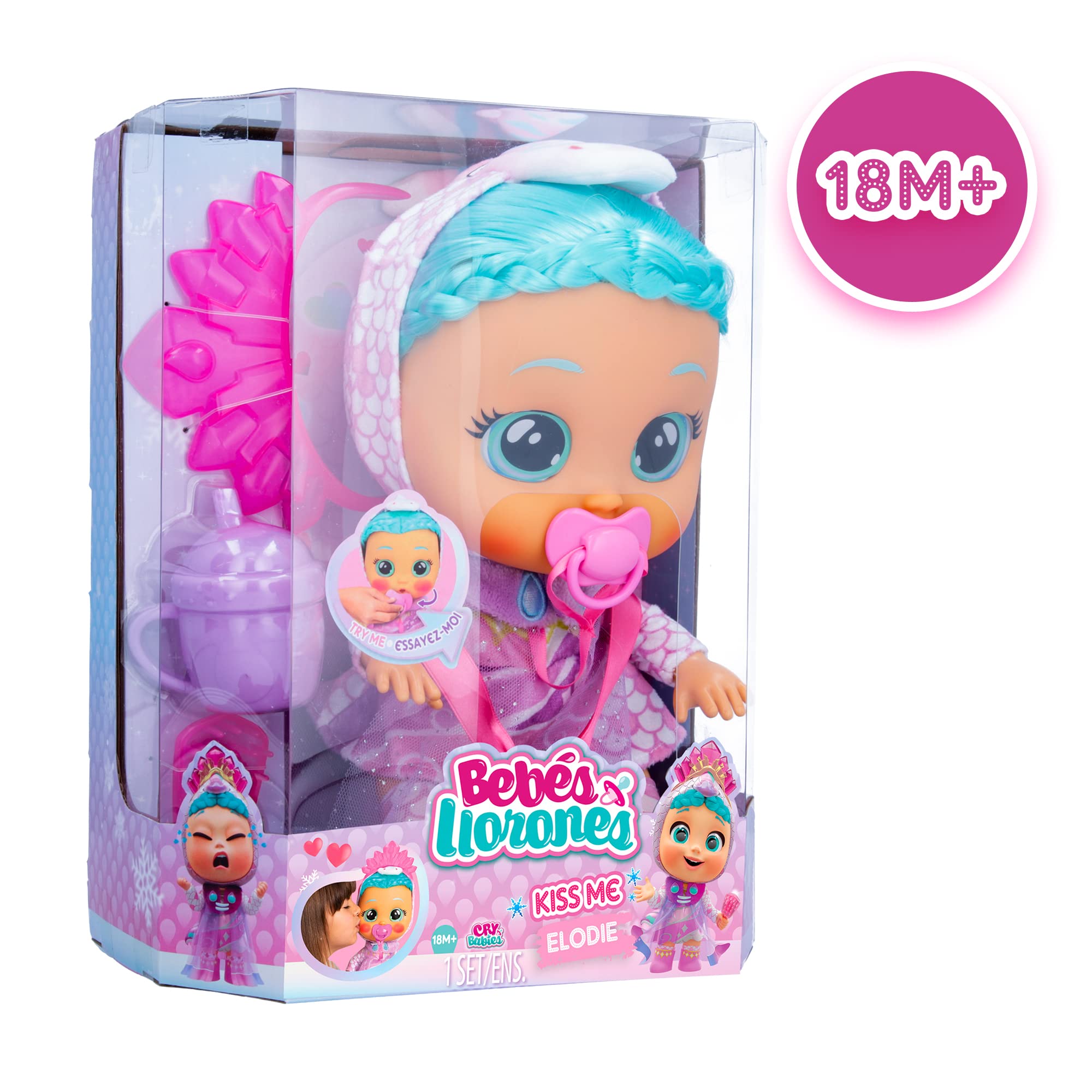 BEBÉS LLORONES Kiss Me Elodie, Muñeca Interactiva que se Sonroja con un Beso y Llora como un Bebé con Pelo para Peinar, Ropa para Vestir y Accesorios, Juguete y Regalo para Niños y Niñas +1 Año