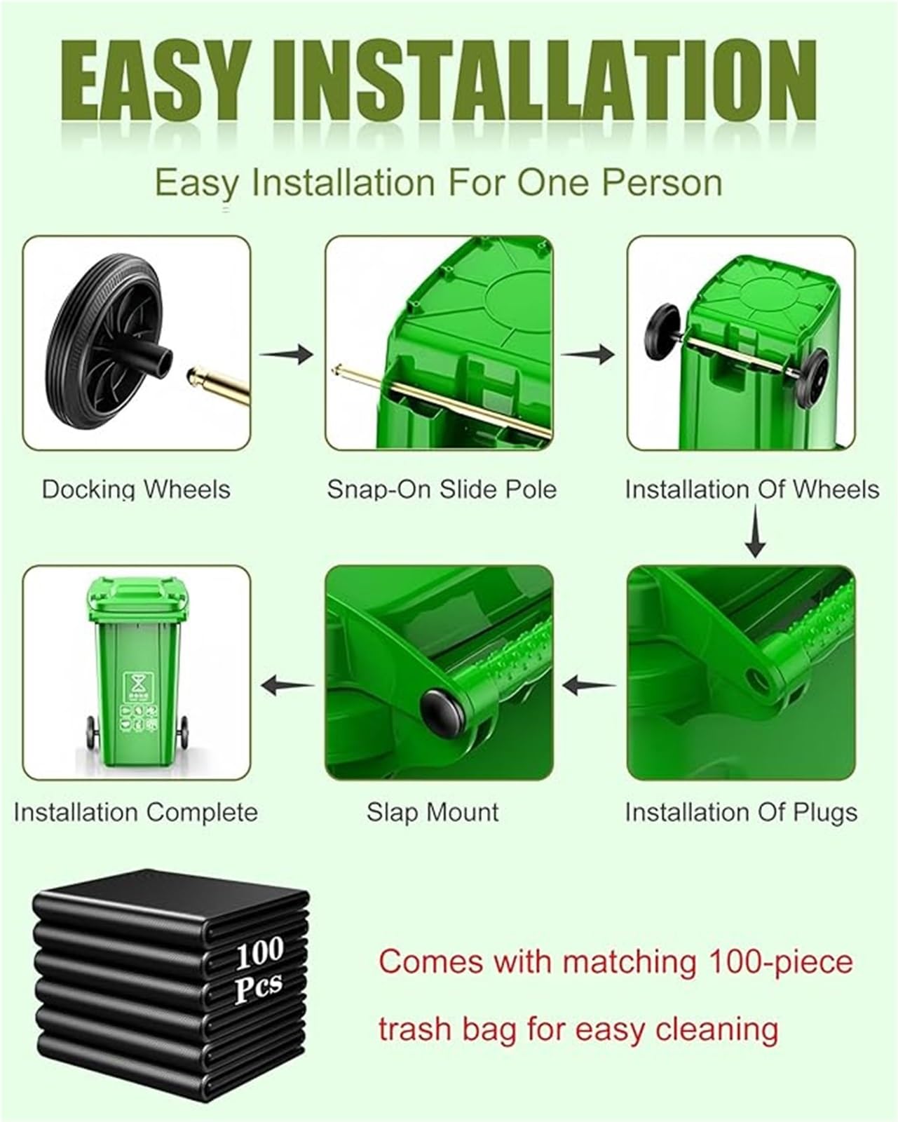 Cubo Basura Grande Cocina,Cubo Basura Terraza Y Patio,Contenedor Basura con Ruedas Exteriores Con Tapa Y Bolsa Almacenamiento 100 Piezas(Green,18 Gallon)