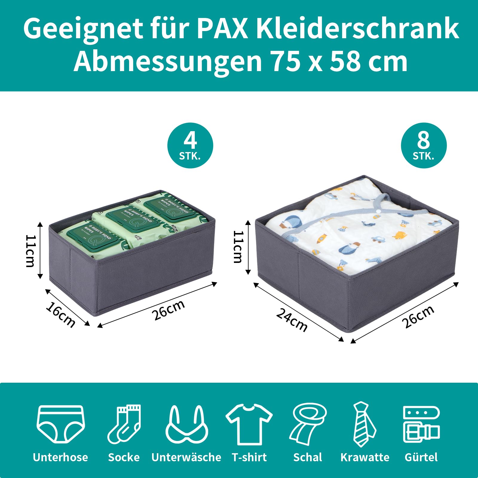 Lot de 12 organisateurs de tiroirs, compatibles avec l'armoire PAX, 75 x 58 cm, pliables et solides, boîtes de rangement robustes, pour vêtements, gris