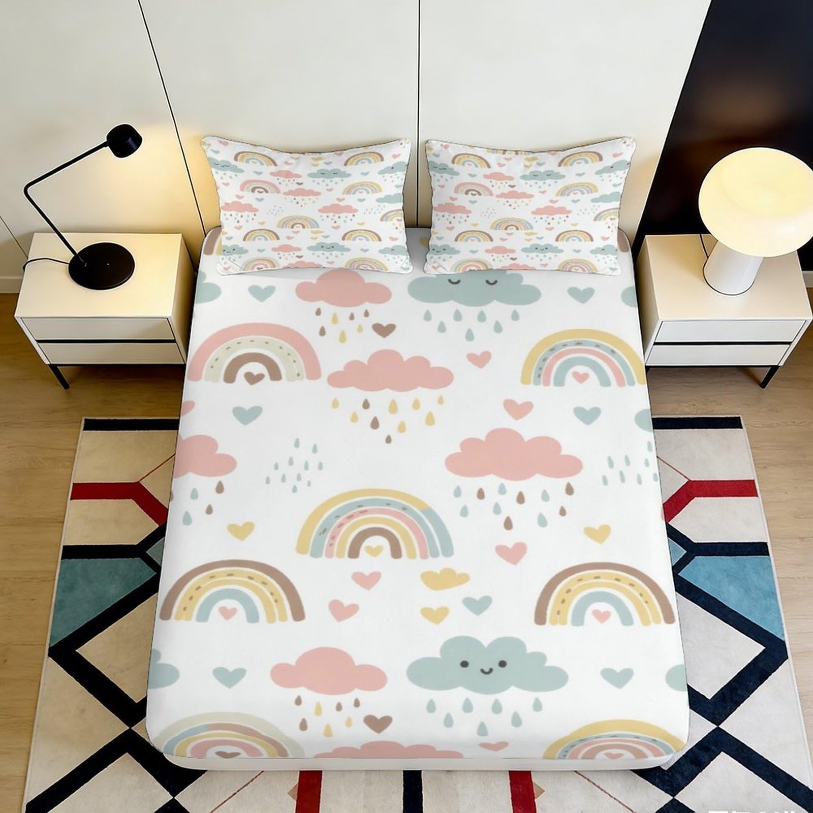 3D Printed Rainbow Clouds Fitted Sheet Microfiber Soft Breathable Storm Pattern Bed Cover for Bedroom Dormitory Guest Room Mattress Protection 140x200x25cm