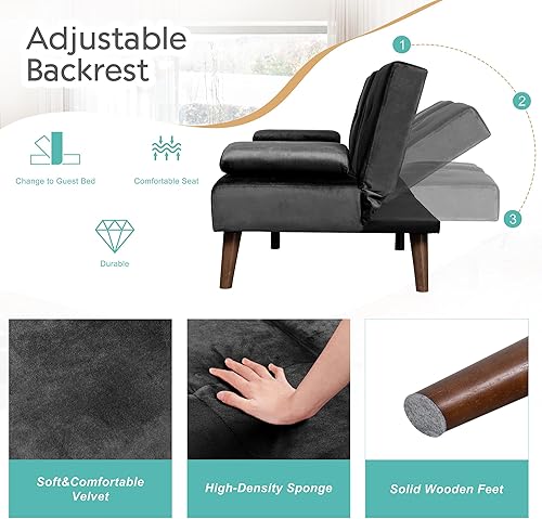 Miniatura 4 de Meilocar Sofá cama de terciopelo de 60 pulgadas con reposabrazos extraíbles, cama de invitados ajustable para espacios pequeños con portavasos y 3