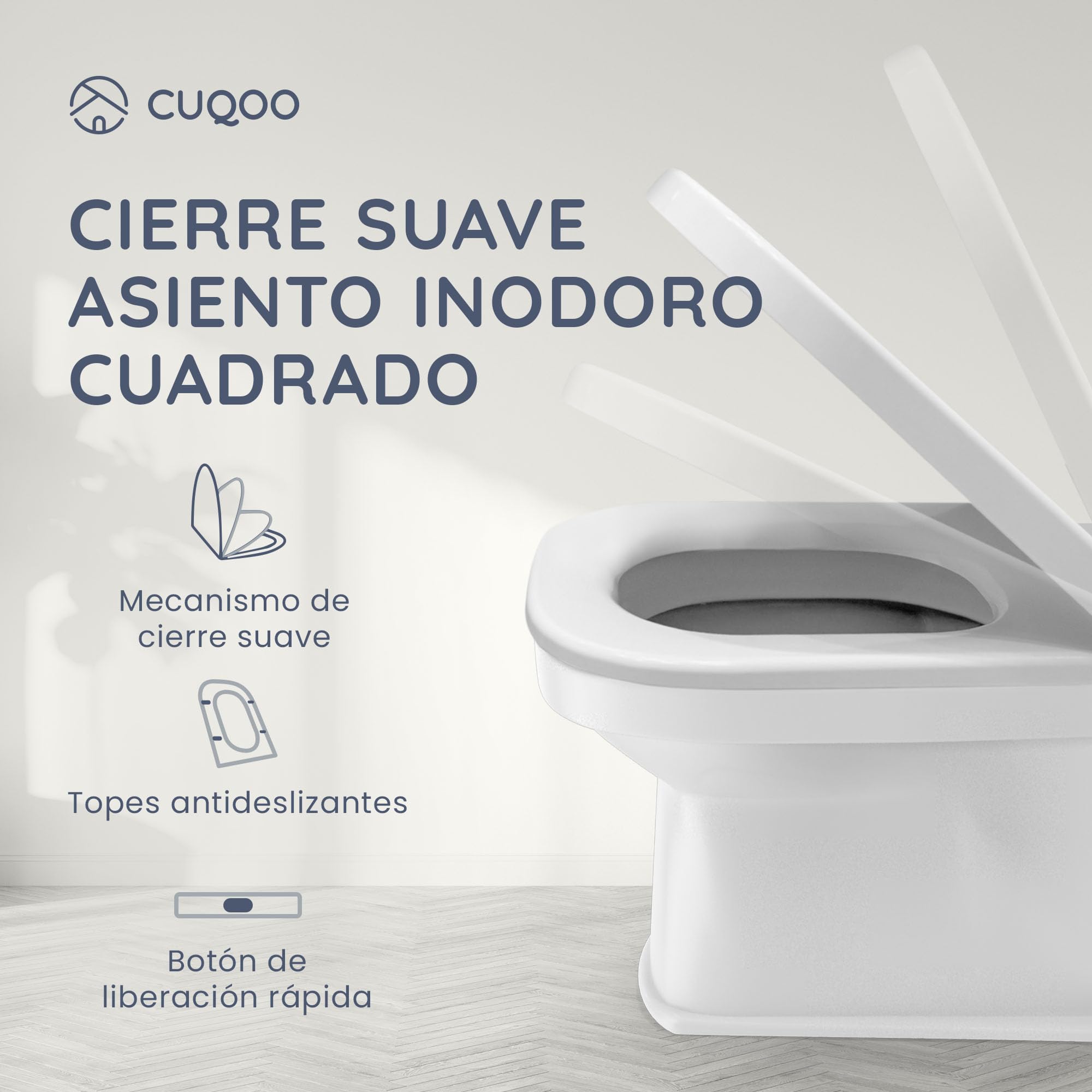 CUQOO Asiento de inodoro cuadrado de cierre suave, asiento de inodoro resistente con liberación rápida, fácil instalación con dos opciones de fijación superior y bisagras ajustables