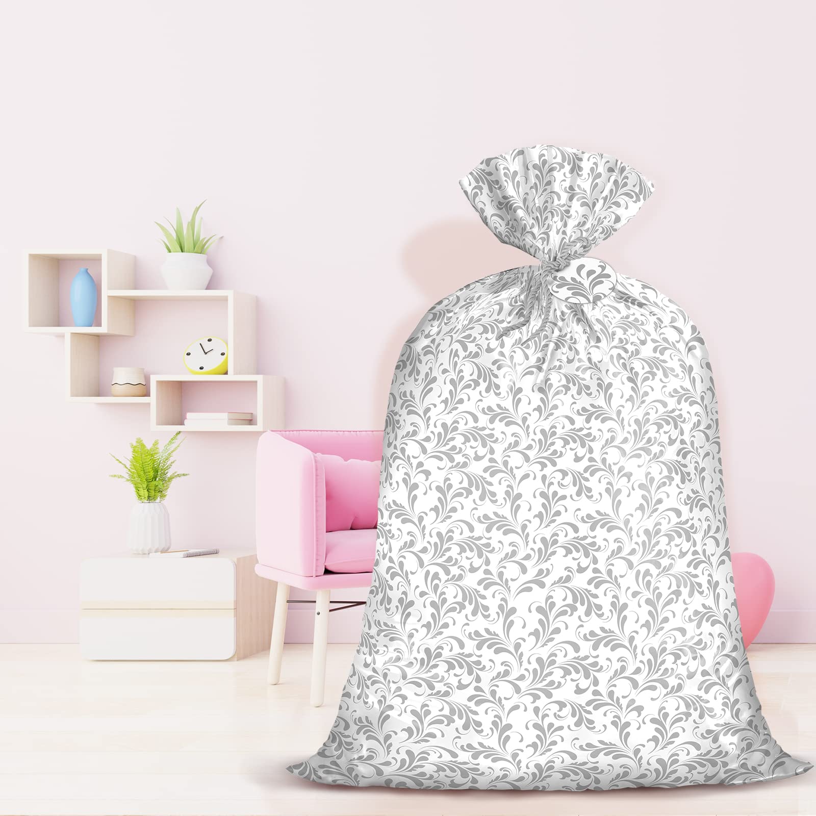 WRAPAHOLIC 56" Large Plastic Gift Bag - Silver Floral Jumbo Bike Bag Gift Wrap for Birthdays, Mother's Day, Wedding, Baby Shower, Parties, or Any Occasion - 56" H x 36" W