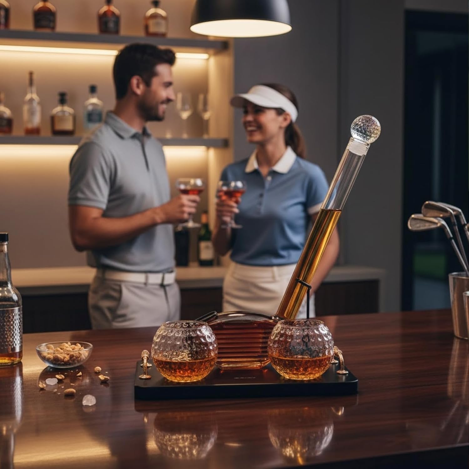 Golf Club Whiskey Decanter Set with 2 Crystal Glasses, 28.7oz Clear Borosilicate Glass 15.2oz Ball Cups for Bourbon Scotch Serving, Sports Themed Barware Birthdays Fathers Day Retirement Gifts for Men