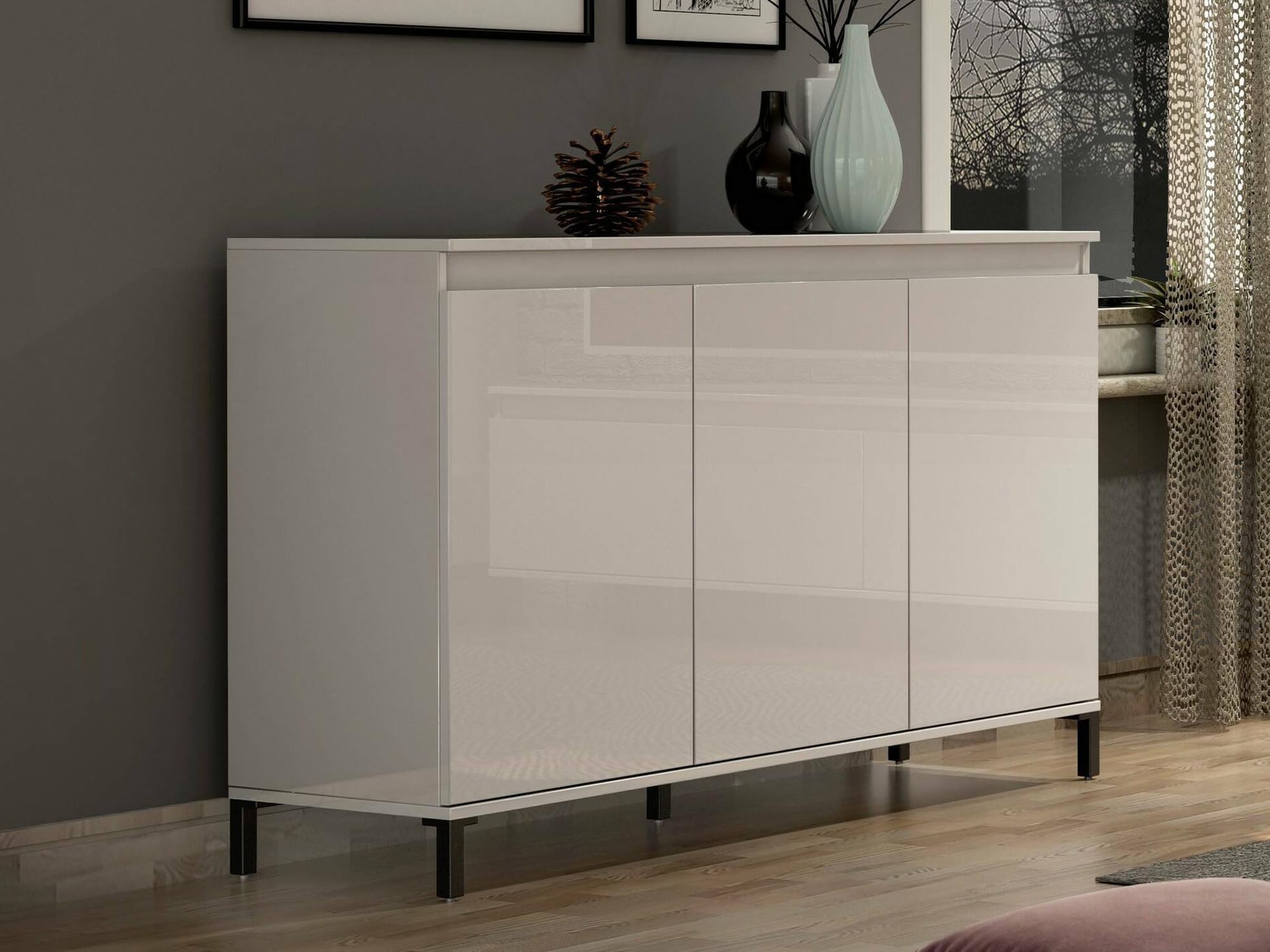 Dmora - Credenza Nyandeni, Buffet da soggiorno, Madia da salotto, Dispensa da cucina, Made in Italy, 138x40h90 cm, Bianco lucido e Antracite