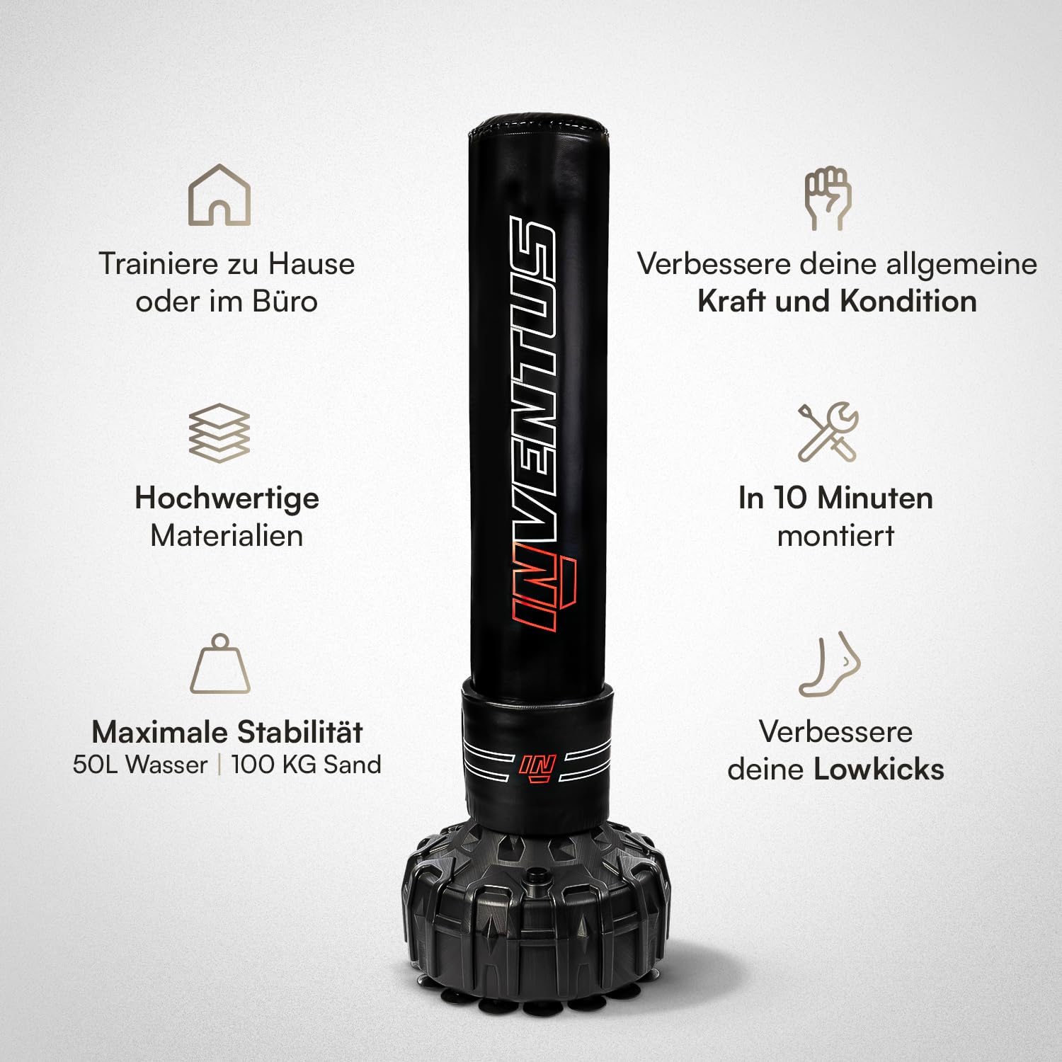 Inventus Boxsack Freistehend für Erwachsene, Schwarz, 185 cm | 25 Saugnäpfe, PU-Kunstleder, EPE-Schaum, Schockabsorption, für Boxen, Kickboxen und Fitnesstraining