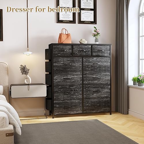 Miniatura 4 de Cómoda para dormitorio con 11 cajones, cómodas y cajones con bolsillos laterales, ganchos, cajón de almacenamiento de tela, marco de acero, parte