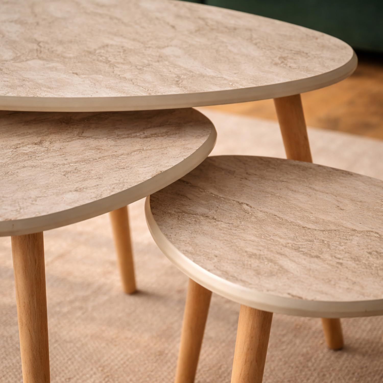 CONCEPTO FÁBRICA | Set 3 Mesas Bajas Gigognes Efecto Travertino Beige Tira | Diseño Elegante y Modulable | Bandeja MDF 1,8 cm | Estilo Contemporáneo | Ahorro de espacio para salón práctico y agradable