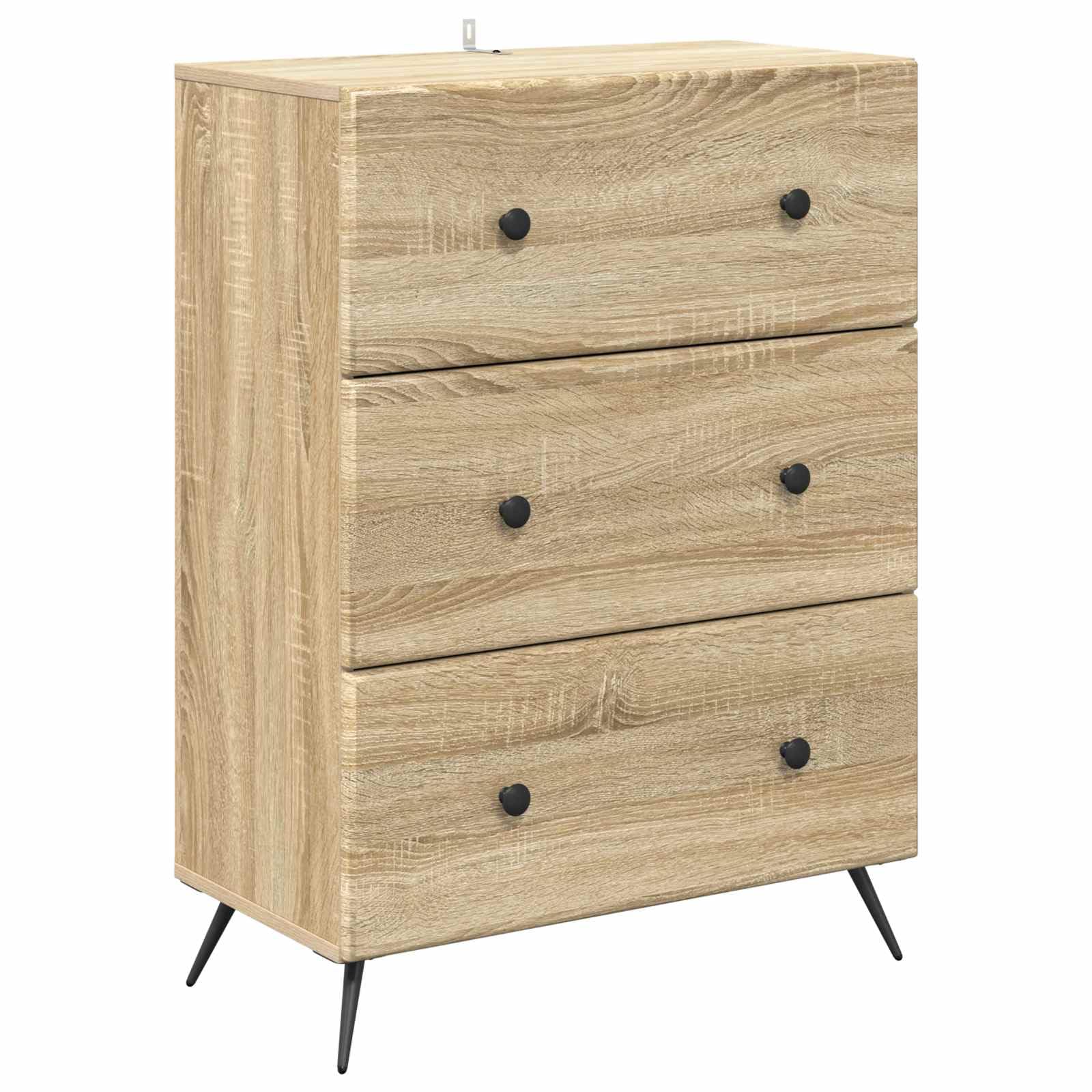Cajonera de roble Sonoma de 66 cm con marco de metal y 3 cajones para salón