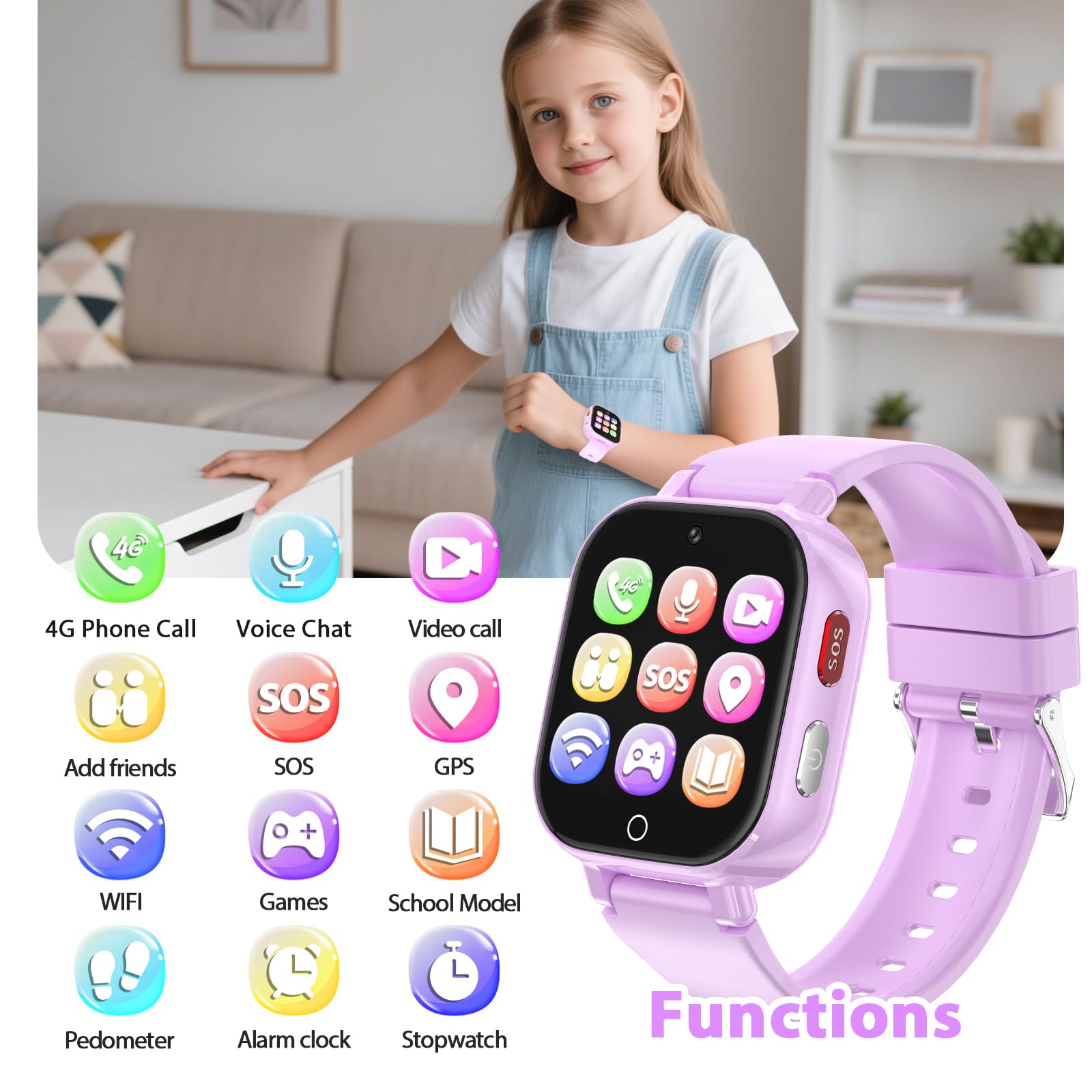 Smartwatch Bambini 4G con Videochiamata, GPS, SOS, Chat Vocale, IP68 Impermeabile, Modalità Classe, Contapassi, Sveglia, Camera, Orologio Smartwatch Regalo per Bambino e Bambina 4-12 Anni (Lila-8A)