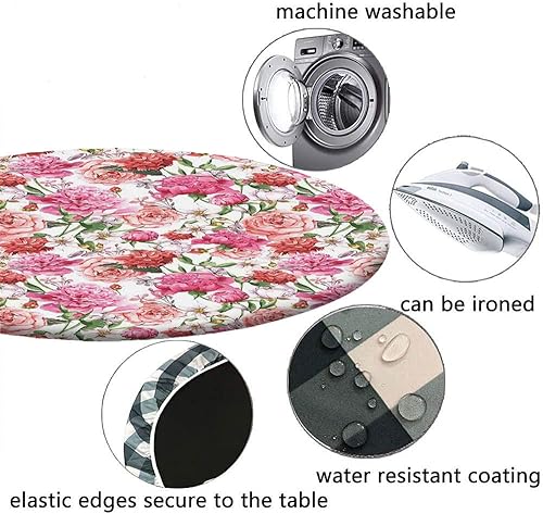 Miniatura 4 de Mantel redondo ajustable con flores de acuarela, estampado floral con peonías rosas, borde elástico, adecuado para bodas, banquetes, restaurantes y
