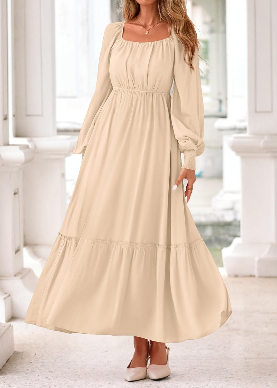 KIRUNDO Casual Fall Dresses for Women 2026 Flowy Long Sleeve Maxi Dress Smocked Empire Waist Square Neck Wedding Party - Image 5