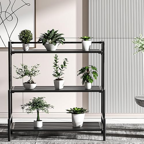 Miniatura 8 de Soporte de aluminio de 3 niveles para plantas al aire libre, soporte de metal resistente para plantas, estante de esquina alto para patio, estante