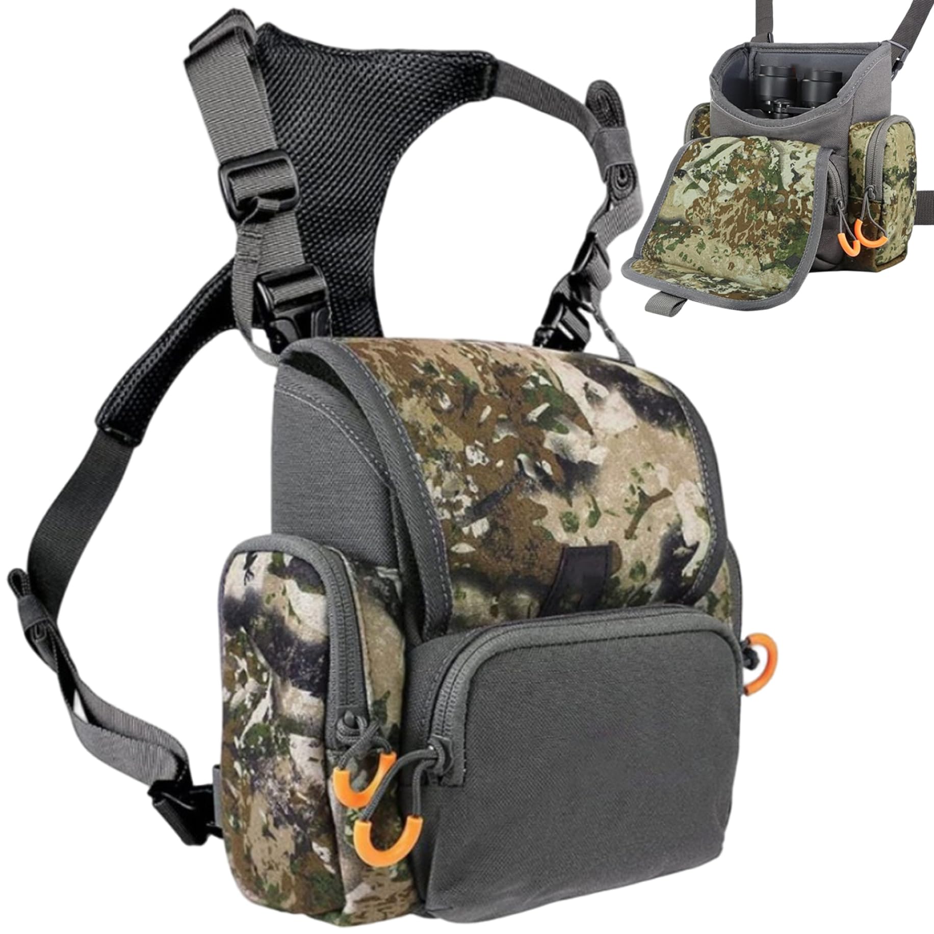 Fernglasgeschirr, atmungsaktiv, verstellbar, Jagd-Brusttasche mit Mehreren Taschen, wasserdicht, Jagdtasche für Männer und Frauen, Tarnung