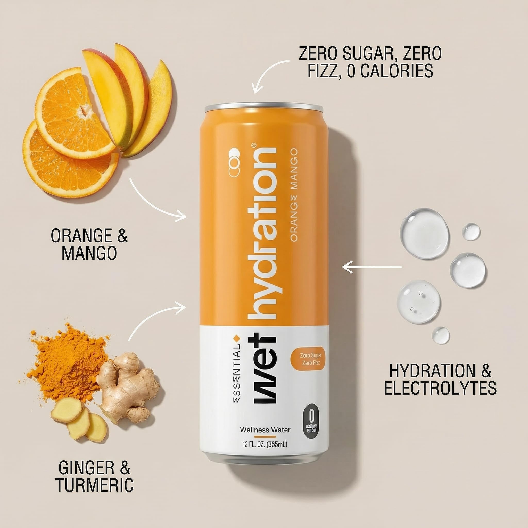 Wet Hydration, Orange Mango Ginger Turmeric Enh Beverage, 12 Fl Oz 6 pack