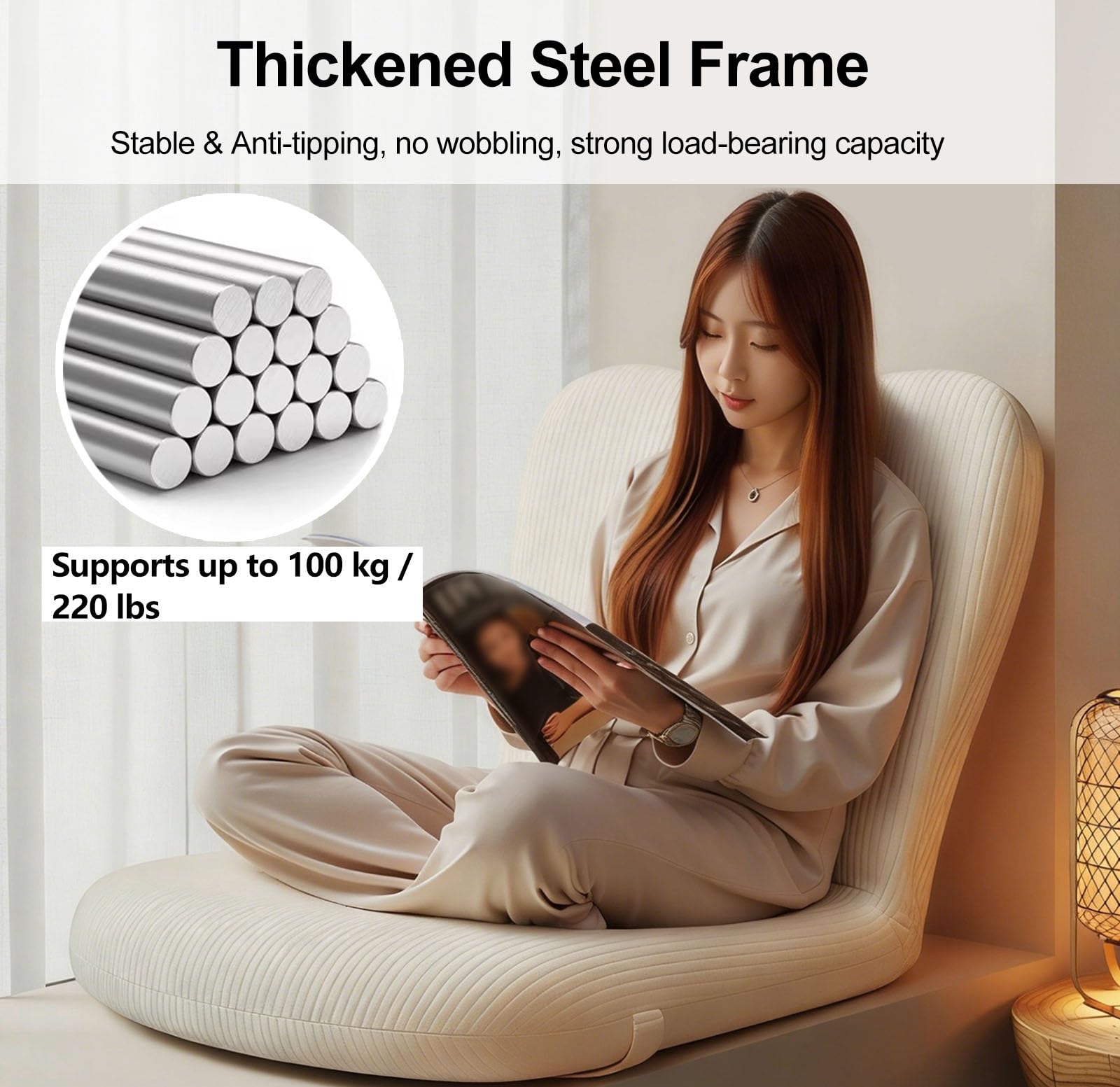 Genérico Silla de Suelo con Respaldo Ajustable, cojín ergonómico y cómodo para meditación/Asiento/Almohada de Suelo, Tumbona reclinable Tatami Plegable para Yoga, Lectura y Videojuegos (neg