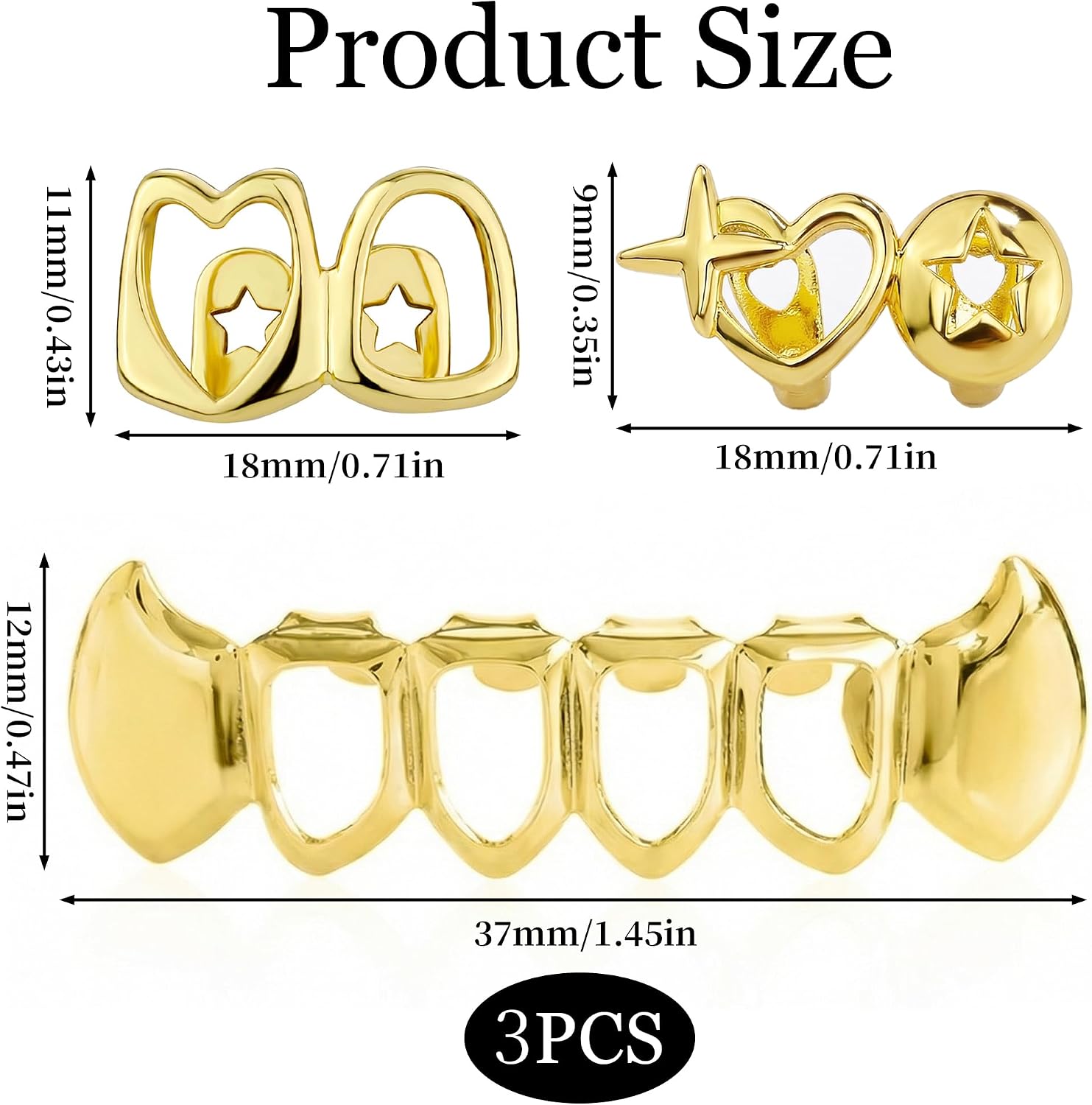 3 PCS Gold Grillz for Men Women,Hip Hop Teeth Jewelry with Heart Star,Open Face Hollow Dental Tooth Grillz Caps,Fit Men and Women Grills for Your Teeth Costume Removable Accessories
