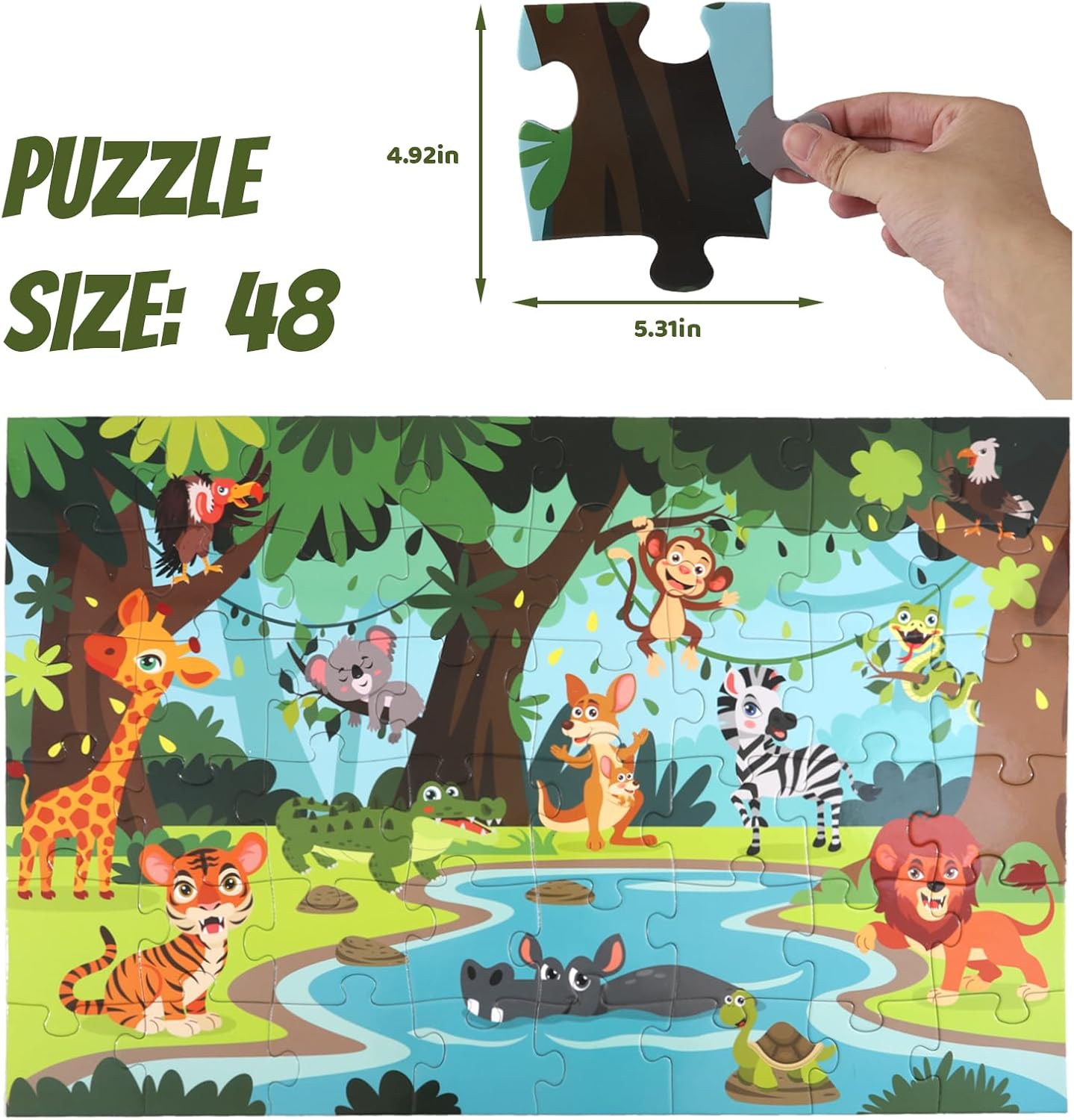Jumbo Floor Puzzle for Kids, Large Jigsaw Puzzles 48 Piece with Box for Kids Ages 3-5,Preschool Learning & Education Toys, Gifts for 4-8 Year Old Boys and Girls(Jungle Animals)