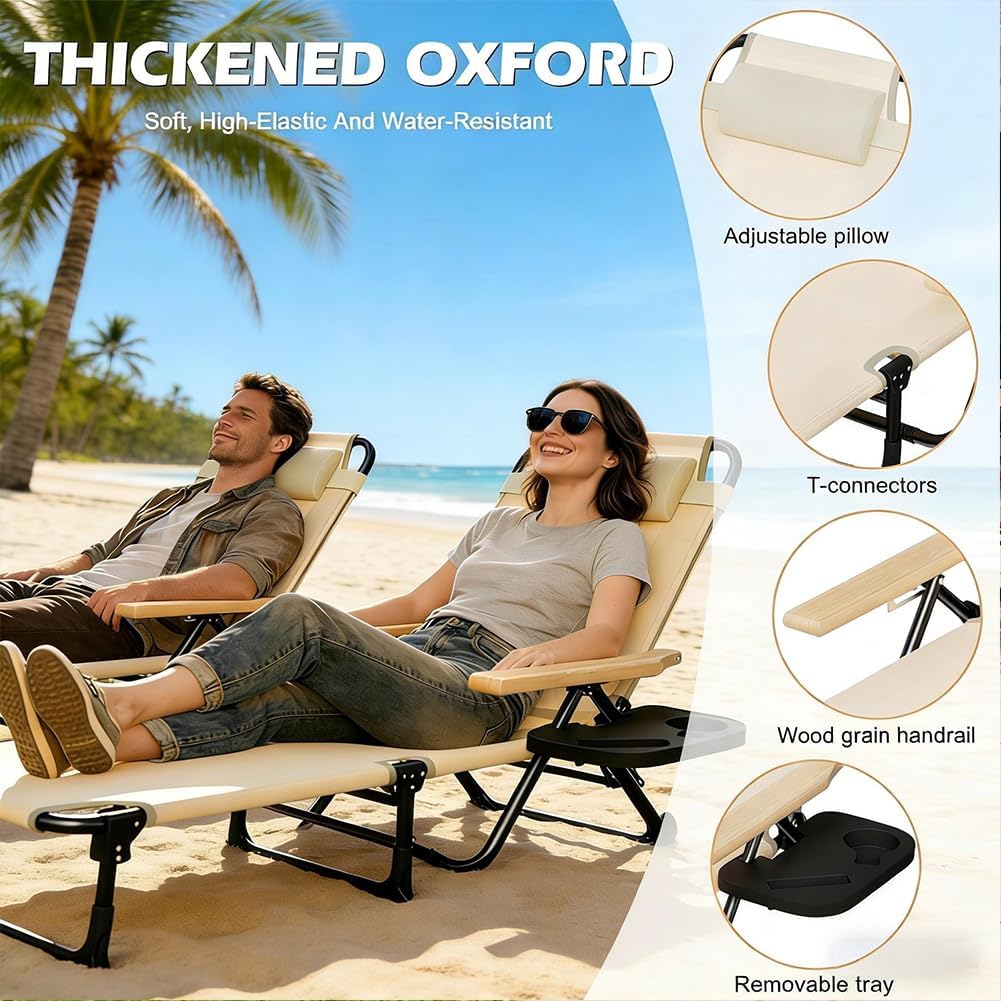 Folding Outdoor Chaise Lounge Chair with Arms, 4 Reclining Back Sunbathing Lounge Chair, Sun Tanning Chairs for Outside Portable with Cup Holders for Beach Patio Camping Poolside Yard (Beige)