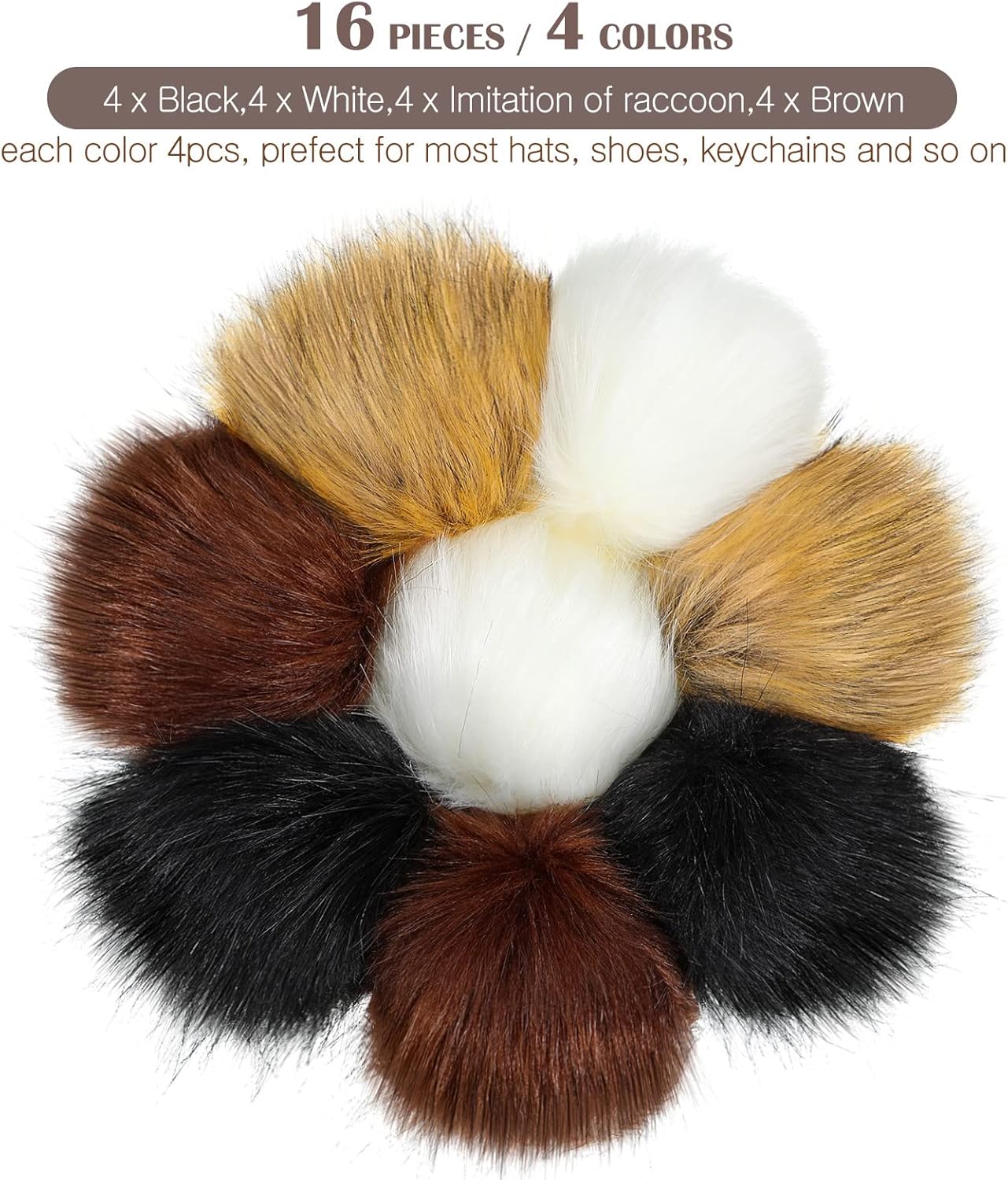 Tatuo 16 Pcs Faux Fur Pom Poms for Hat 4 Inches Large Fluffy Pom Balls for Craft Knitting Beanie Shoe Scarf Bag Pompom Valentine Keychain Charm Winter DIY Accessory (Black,White,Natural,Coffee) - Image 5