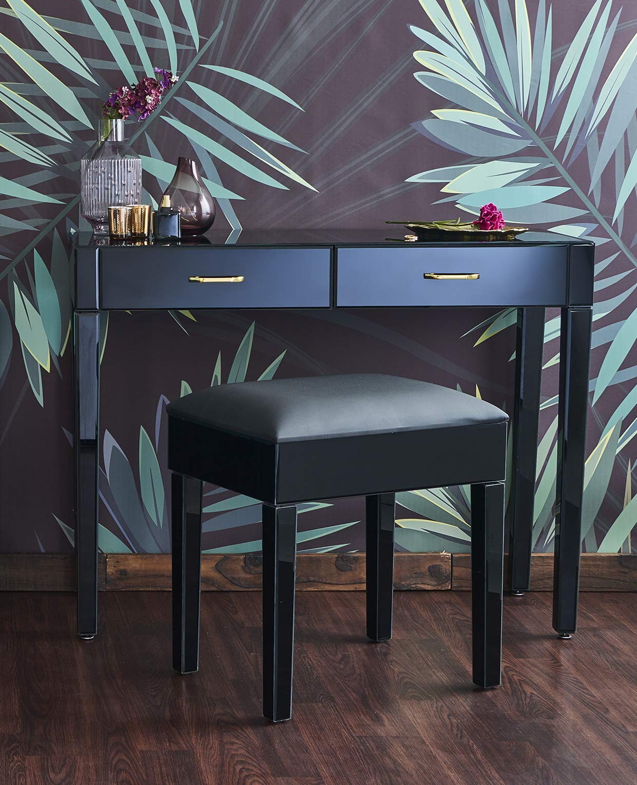 Laura James Glass Mirrored Dressing Table with Stool - Black