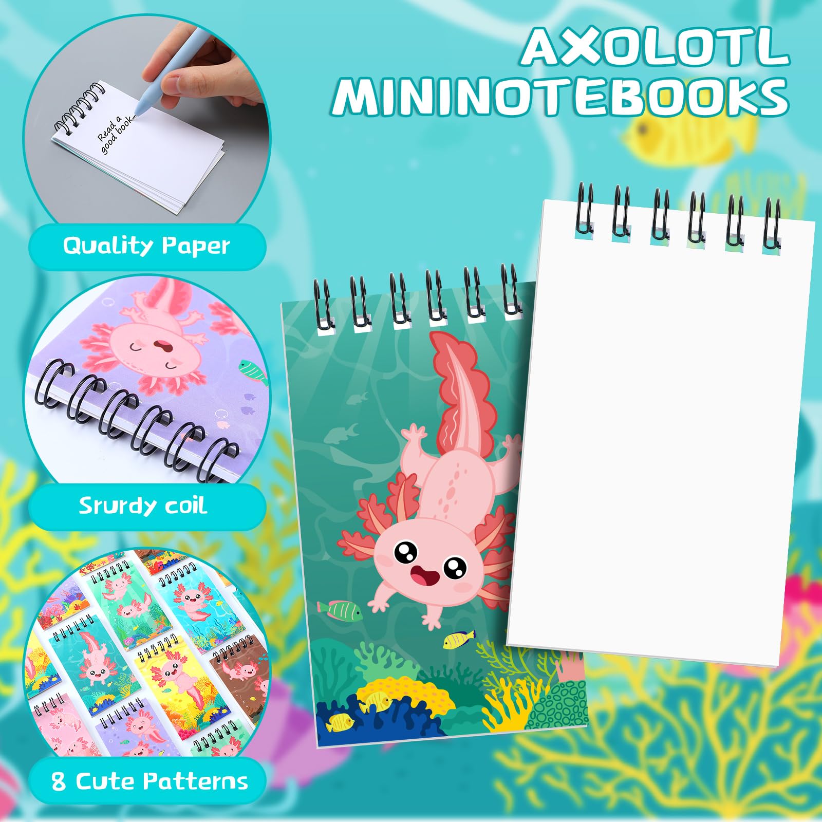 AmazingSpark Axolotl mini notebooki Axolotl Ballpoint Pens Set Cute Animal Pocket Notatniki Wysuwane Długopisy Prezent na przyjęcie urodzinowe Ulubione Torby Goodie Bag Stuffers School Classroom