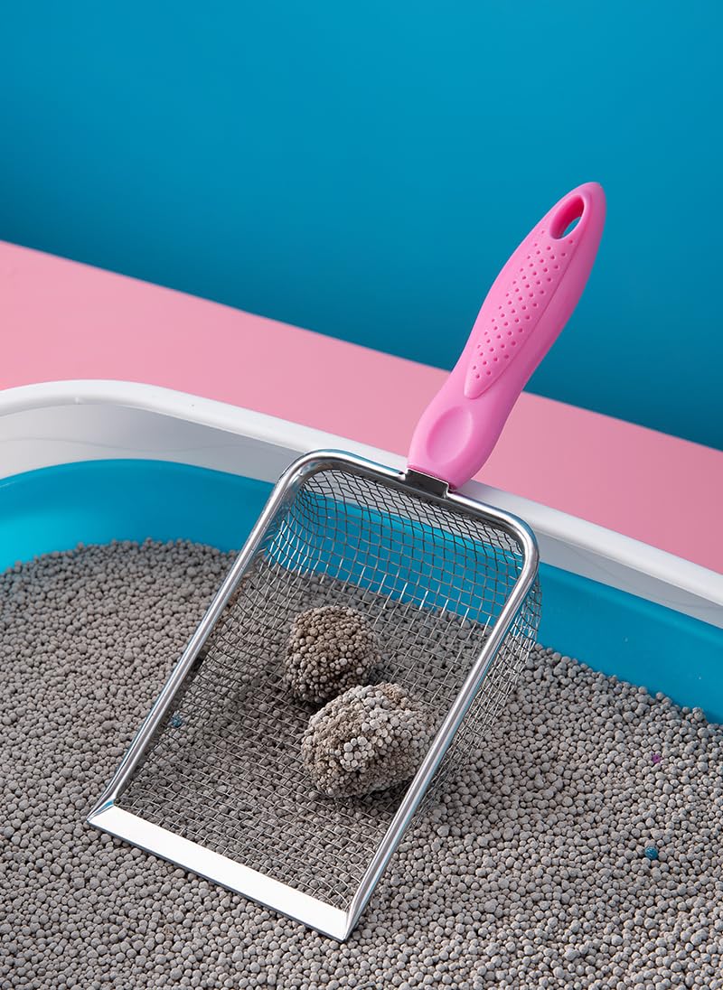 PlushPlumage Cat Litter Scoop,Stainless Steel Mesh Scooper,Durable,Heavy Duty,Easy to Clean,for Litter Box,Pet Litter Cleaning Tool for Cat Dog Rabbit (Pink