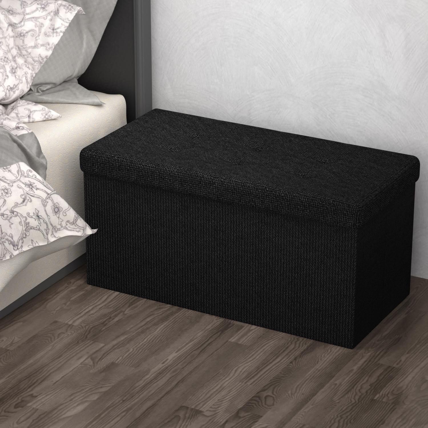 INTIRILIFE Puff Baúl Plegable 78x38x38 cm in Negro Diamante - Taburete Almacenaje Tapizado de Textil Tela Óptica Lino per Almacenamiento y Reposapiés - Asiento Silla Tejido Banqueto