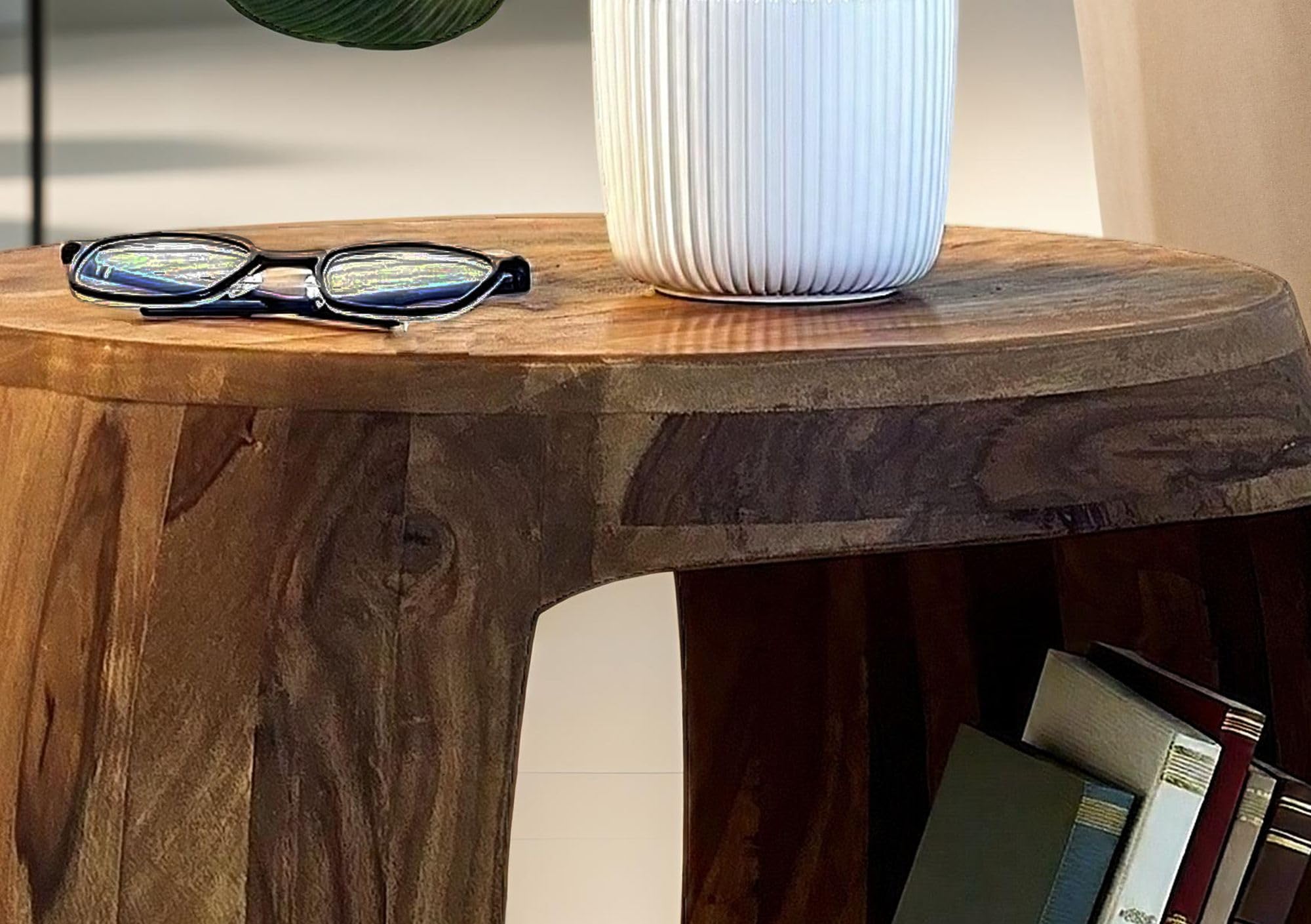 Wohnling Beistelltisch Rund Ø 50x40 cm Sheesham Massivholz, Ablagefach | Couchtisch mit offenem Fach im Naturdesign, Wohnzimmertisch aus Echtholz, handgefertigtes Unikat, Sofatisch