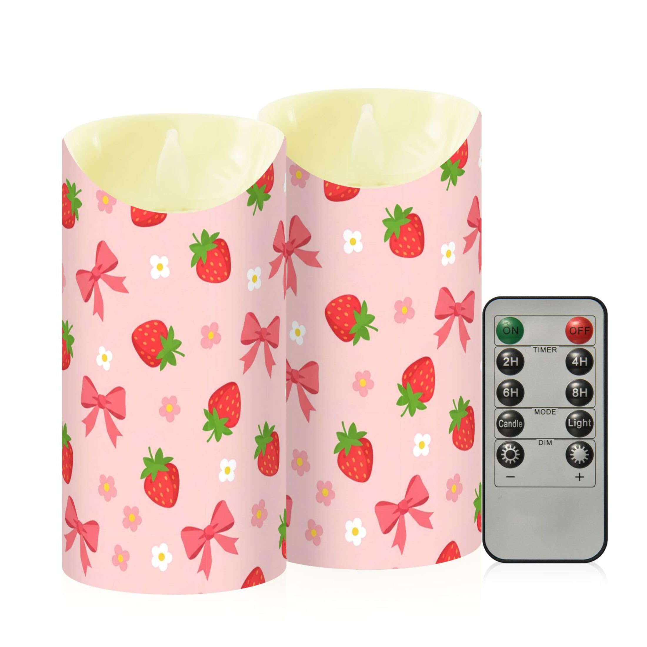 Fuauuyl Strawberry LED Flameless Candles Flickering Plastic Pillar Candles Battery Operated Votive Candle with Remote Control and Timer, Home Decoration 2 Pack