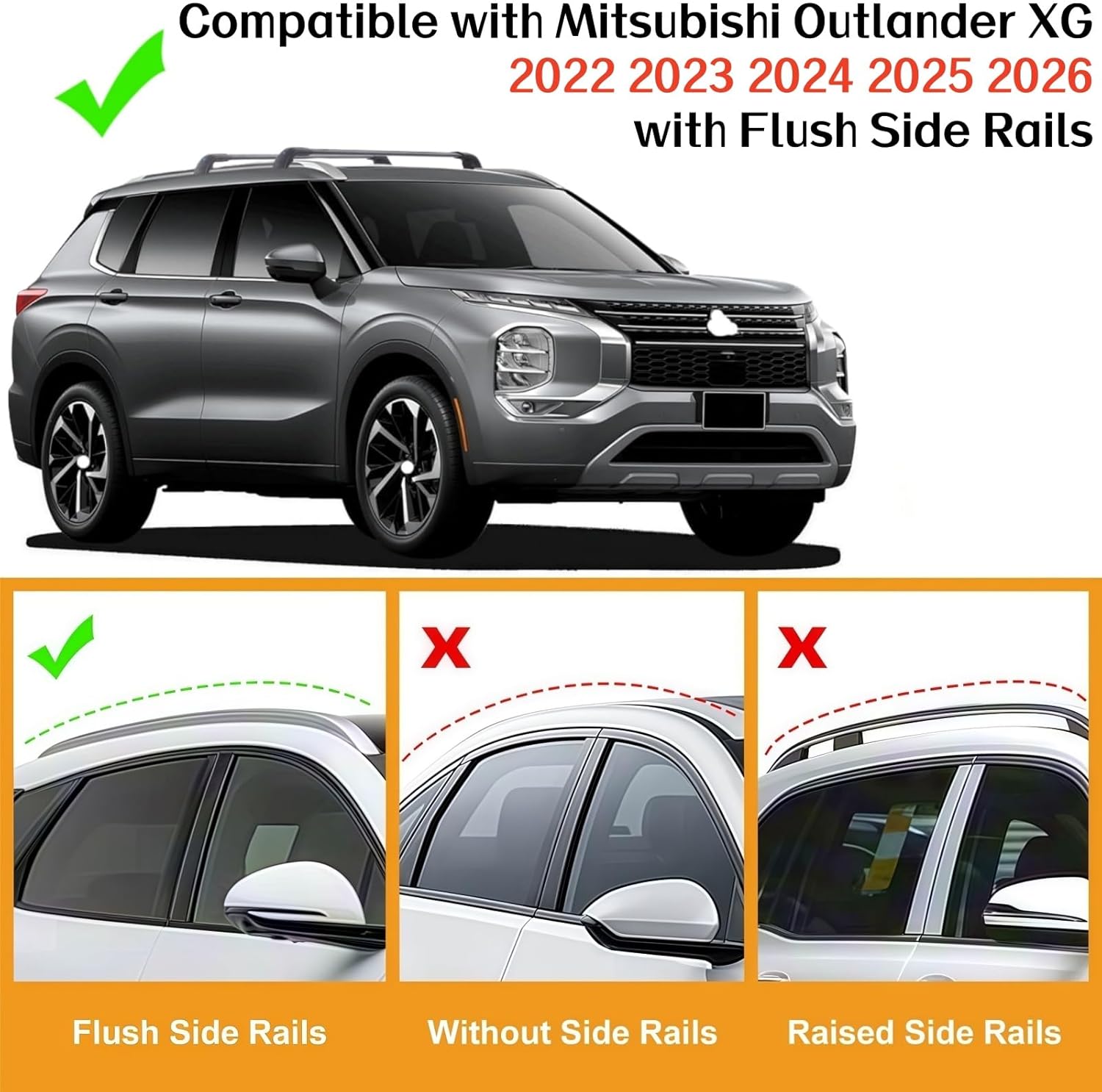 SYDSZ Cross Bar Roof Rack Fit for Mitsubishi Outlander XG 2022 2023 2024 2025 2026, Flush Side Rails, Heavy Duty Aluminum Roof Cross Bars Rooftop Luggage Rack, Ski Rack for Car Roof