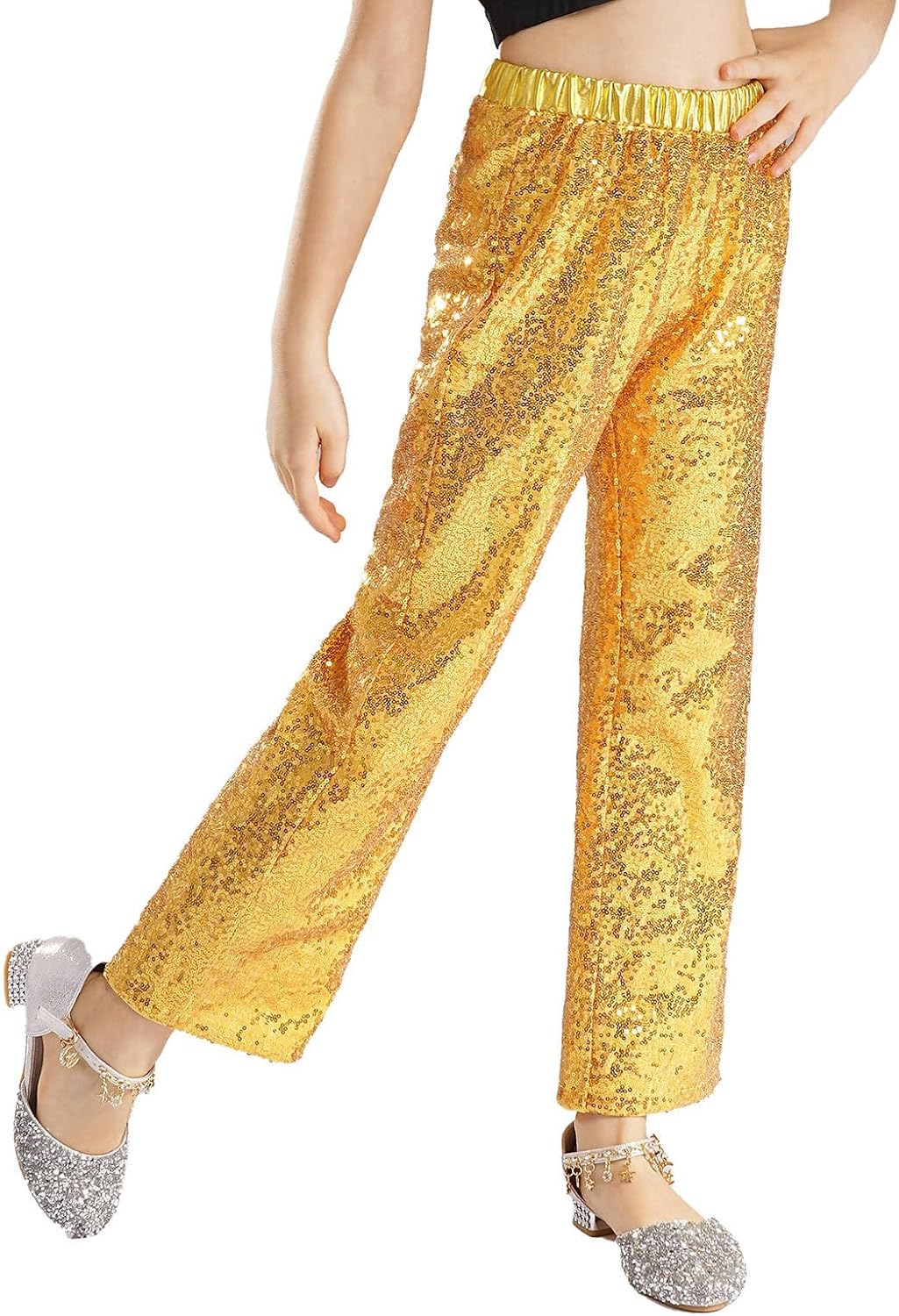 Kids Girls Shiny Metallic Dance Pants Elastic Waistband Trousers for Hip Hop Jazz Performance Competition