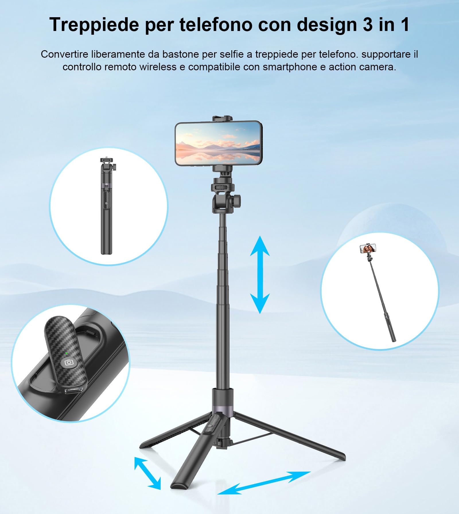 Gahenwo 173cm Perche Selfie Monopode/Trépied pour Caméra d'action | Trepied Smartphone Tout-en-Un avec Télécommande, Support de Trépied Téléphone Portable Compatible avec iPhone/Android