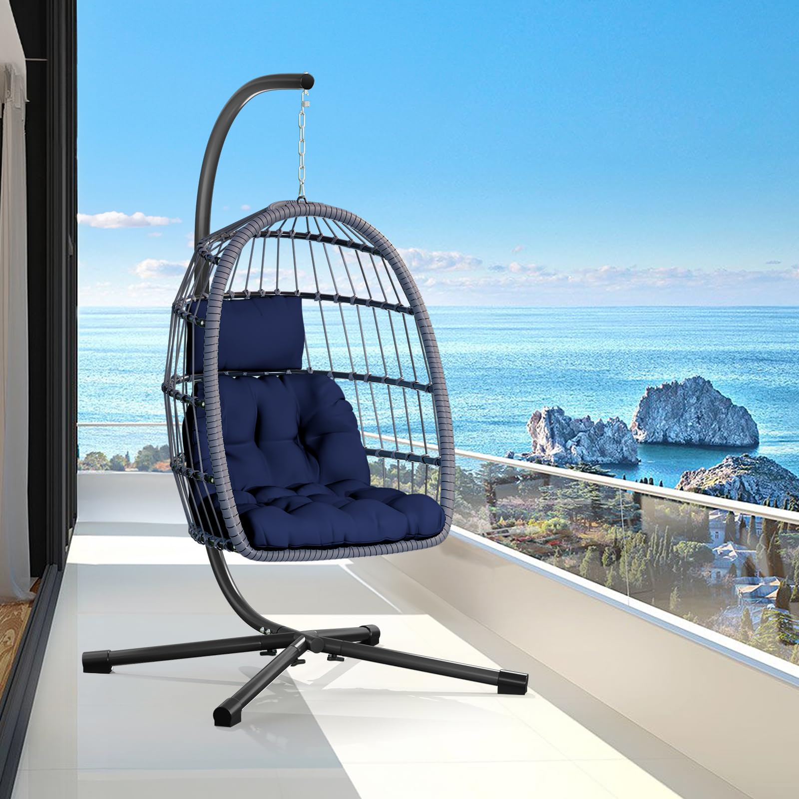 CHABATREE Egg Chair with Stand,Patio Rattan Wicker Hanging Swing Egg Chair Hammock Chair for Bedroom Porch Garden,Thickened Aluminum Alloy Steel Frame and UV Resistant Cushion,350LBS Capacity