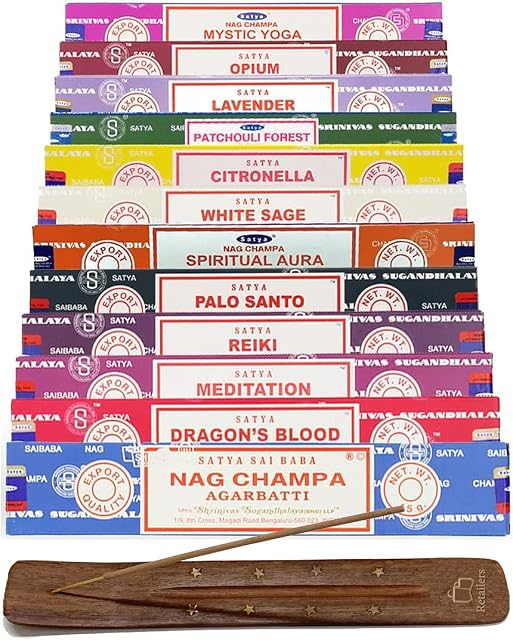 Retailers Satya Assorted 12 Pack Incense Sticks Nag Champa, Dragon's Blood, Meditation, Patchouli Forest, Palo Santo, White Sage, Lavender, Citronella Incense Stick Holder