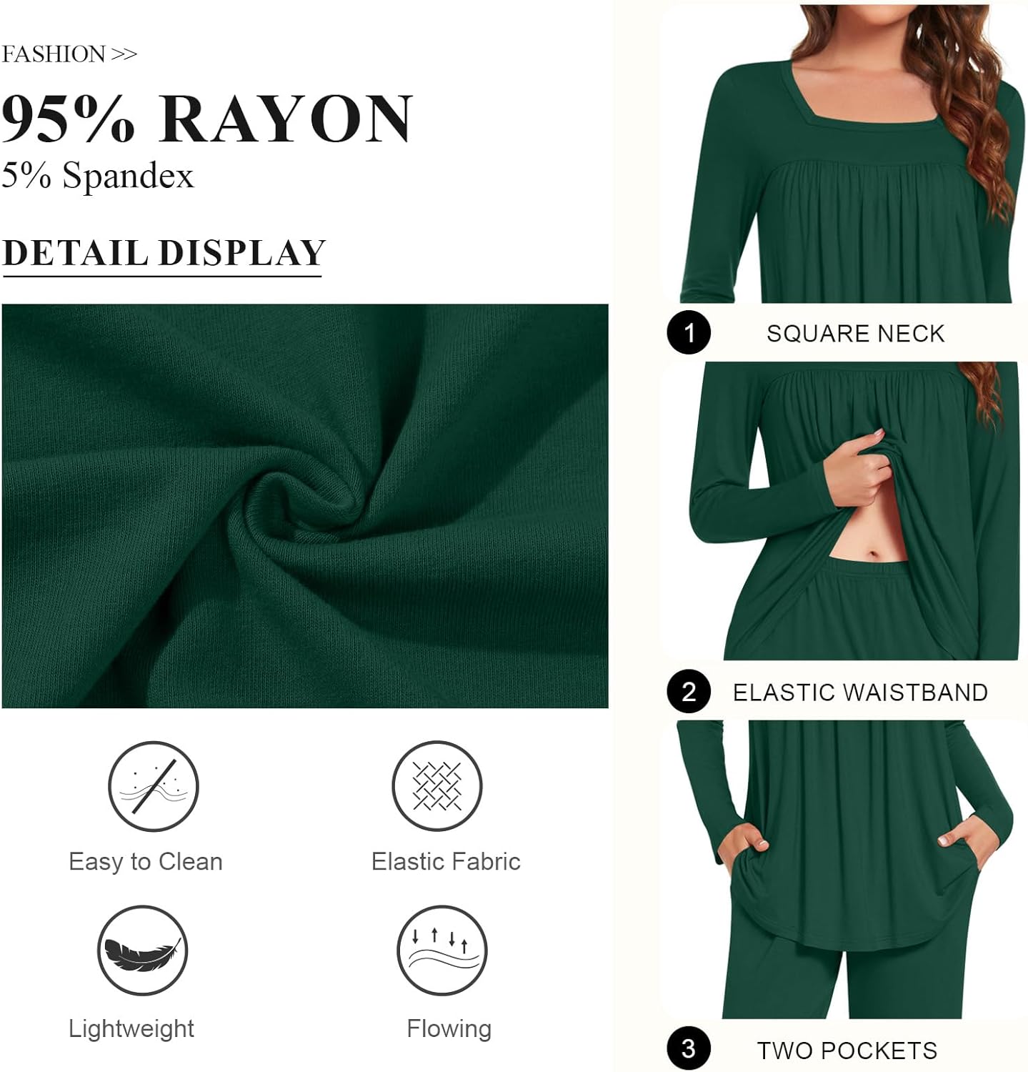 Anydeer Women Pajamas Set Long Sleeve Casual 2 Piece Pleated Pjs Nightwear Pants With Pocket - Image 6