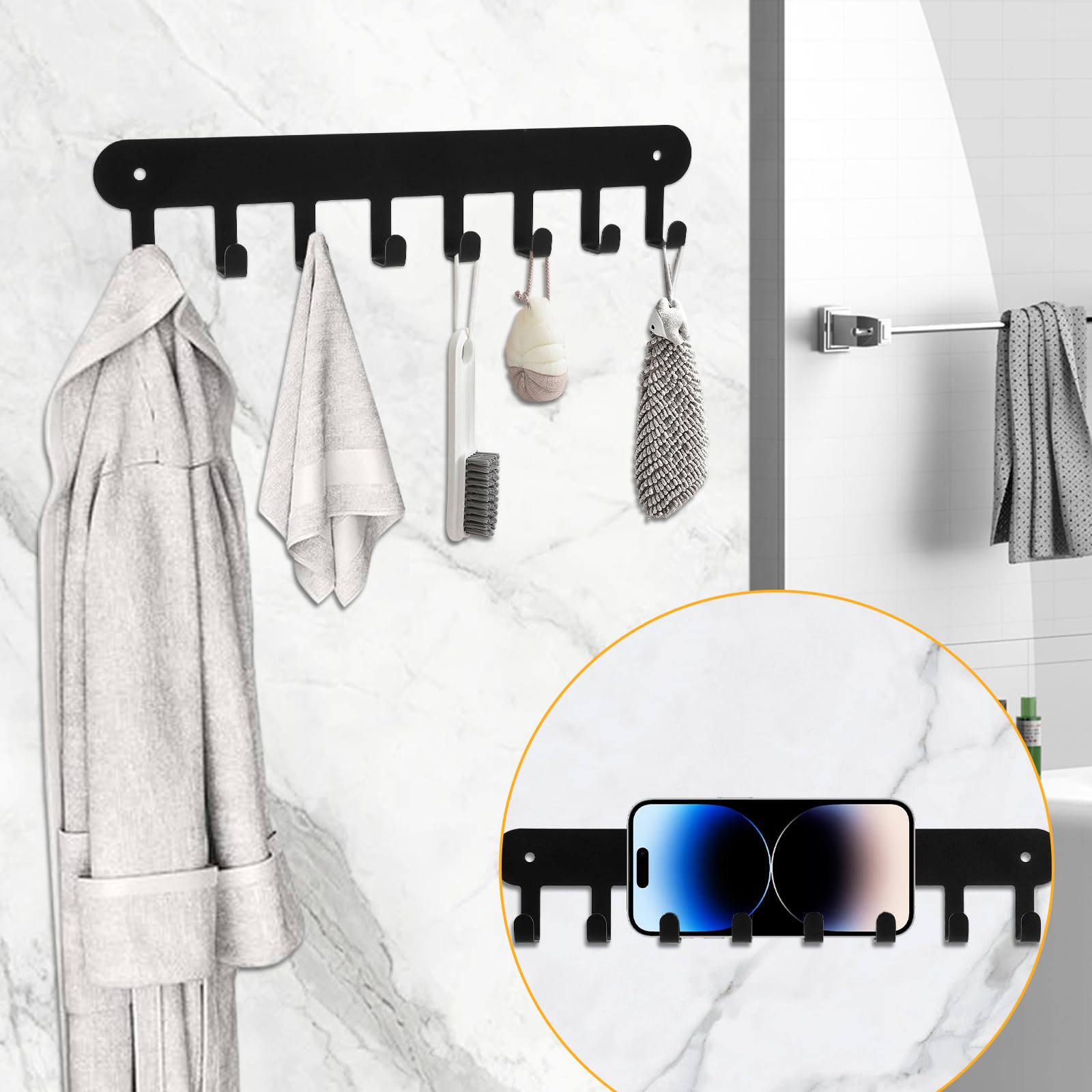 Garderobenleiste 2 Stück Mit 8 Haken - Selbstklebend Ohne Bohren Schwarz