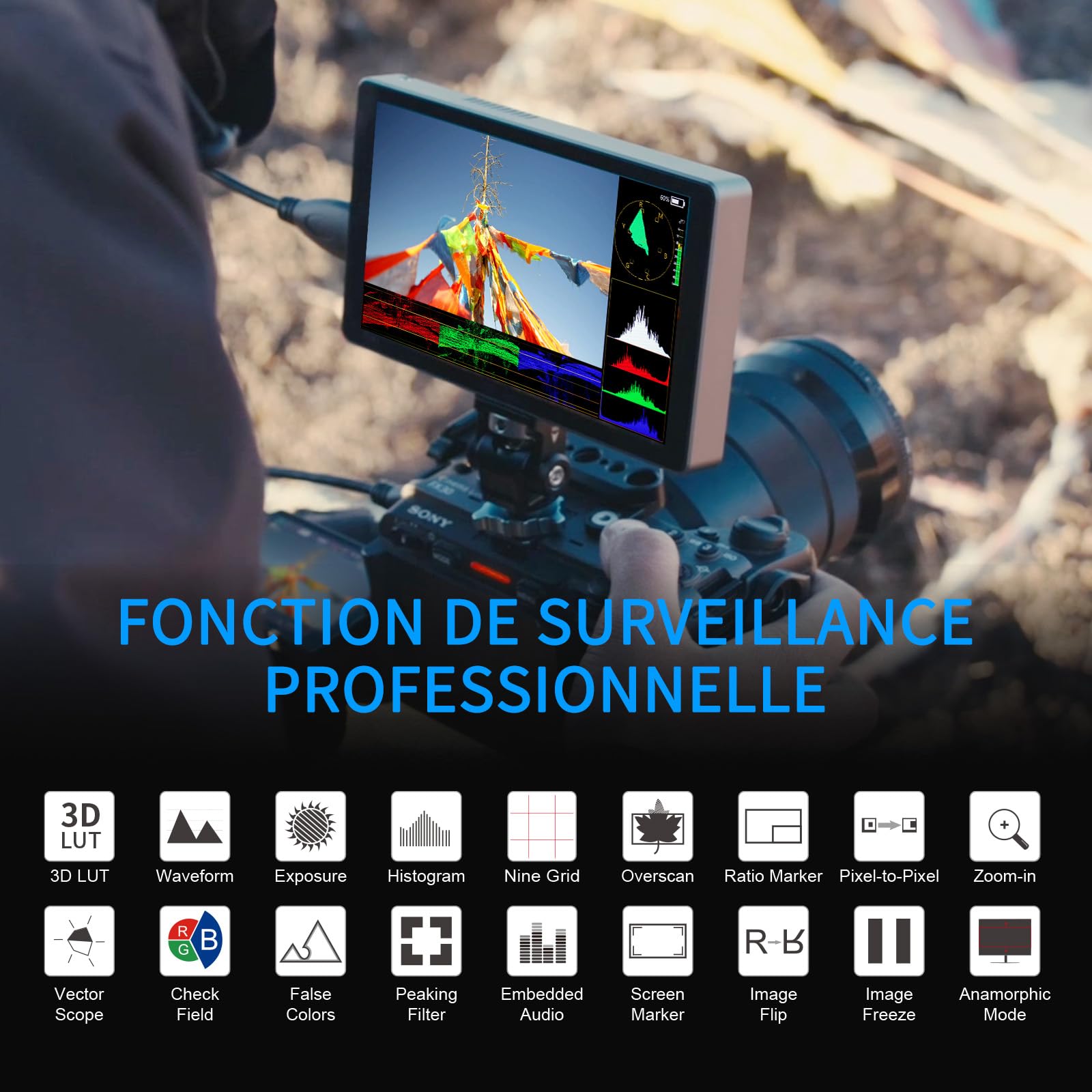 FEELWORLD P6XL Moniteur de Caméra DSLR à Écran Tactile 6 Pouces Moniteur de Terrain 1200Nit avec Batterie Intégrée 4K HDMI 3DLUT HDR Waveform Screenshot Boîtier en Aluminium