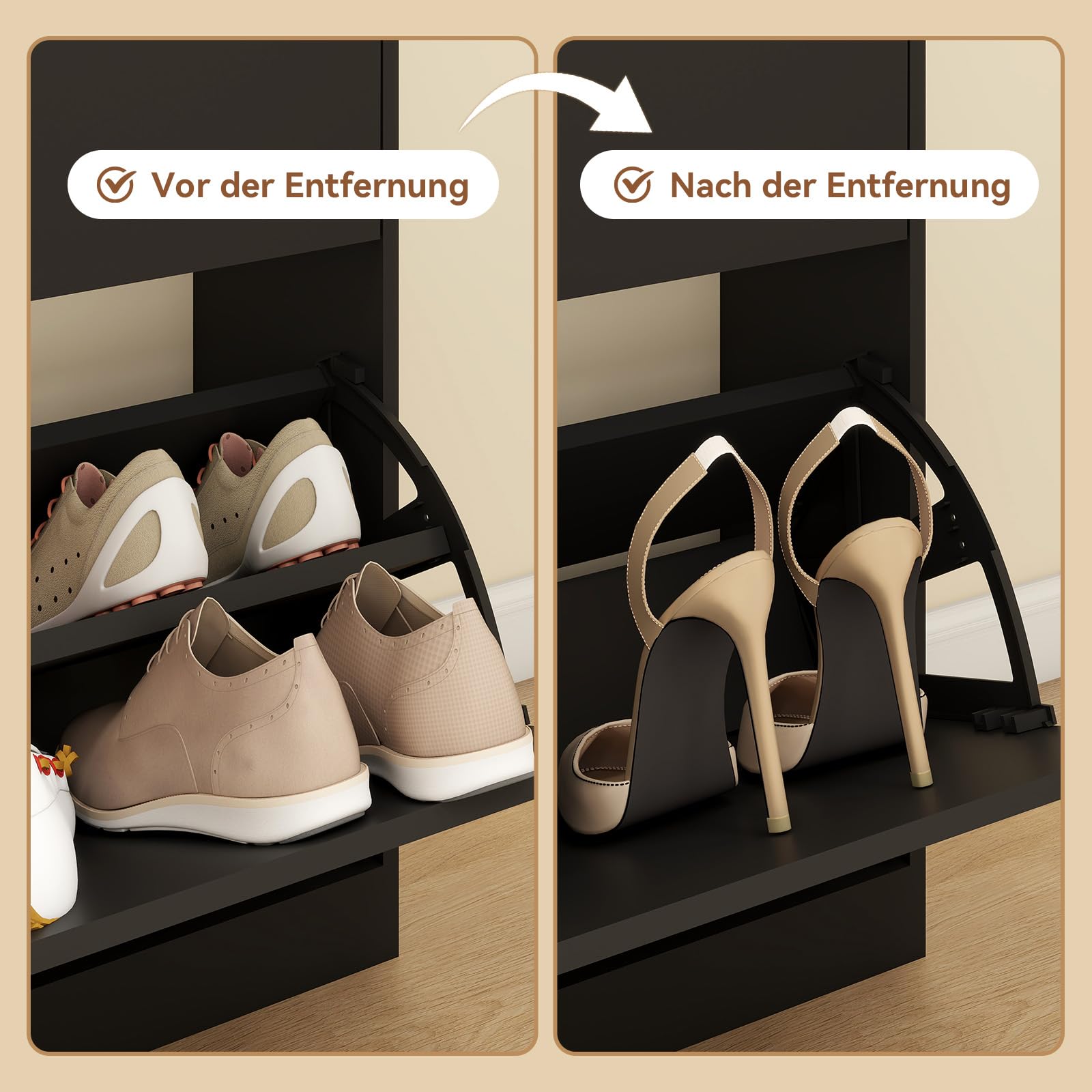 YOURLITE Schuhschrank Schmal,Schuhkipper,2 Klappen & 2 Schubladen,Schwarz | Platzsparender Schuhkipper Holz,Schuhkommode,Trennwand Verstellbar,für Flur,Eingang,Diele,Wohnzimmer,80x24x106cm