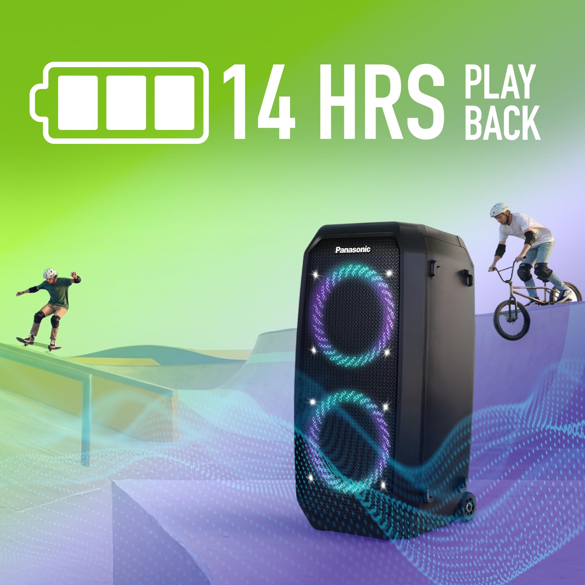 Panasonic SC-BMAX30 Enceinte Portable avec Bluetooth, Lumières Intégrées, Port Bass Reflex, 320 W, 14 Heures d’autonomie, USB, IPX4, Entrées Guitare et Micro pour Karaoké, Noir