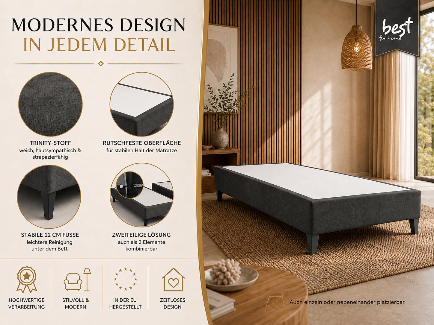 BoxspringbettGestell 90x200 | Gepolsterter Bettrahmen ohne Matratze | Modernes Einzelbett mit 12 cm hohen Holzfüßen | Wasserfestes & Strapazierfähiges BoxspringrahmenBett