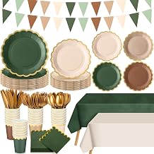 342 Pcs Woodland Baby Shower Party Supplies Sage Green Brown Tableware Paper Disposable Plates Napkins Cups Plastic Tablecloth Sage Brown Triangle Banner for Wedding Forest Birthday Party