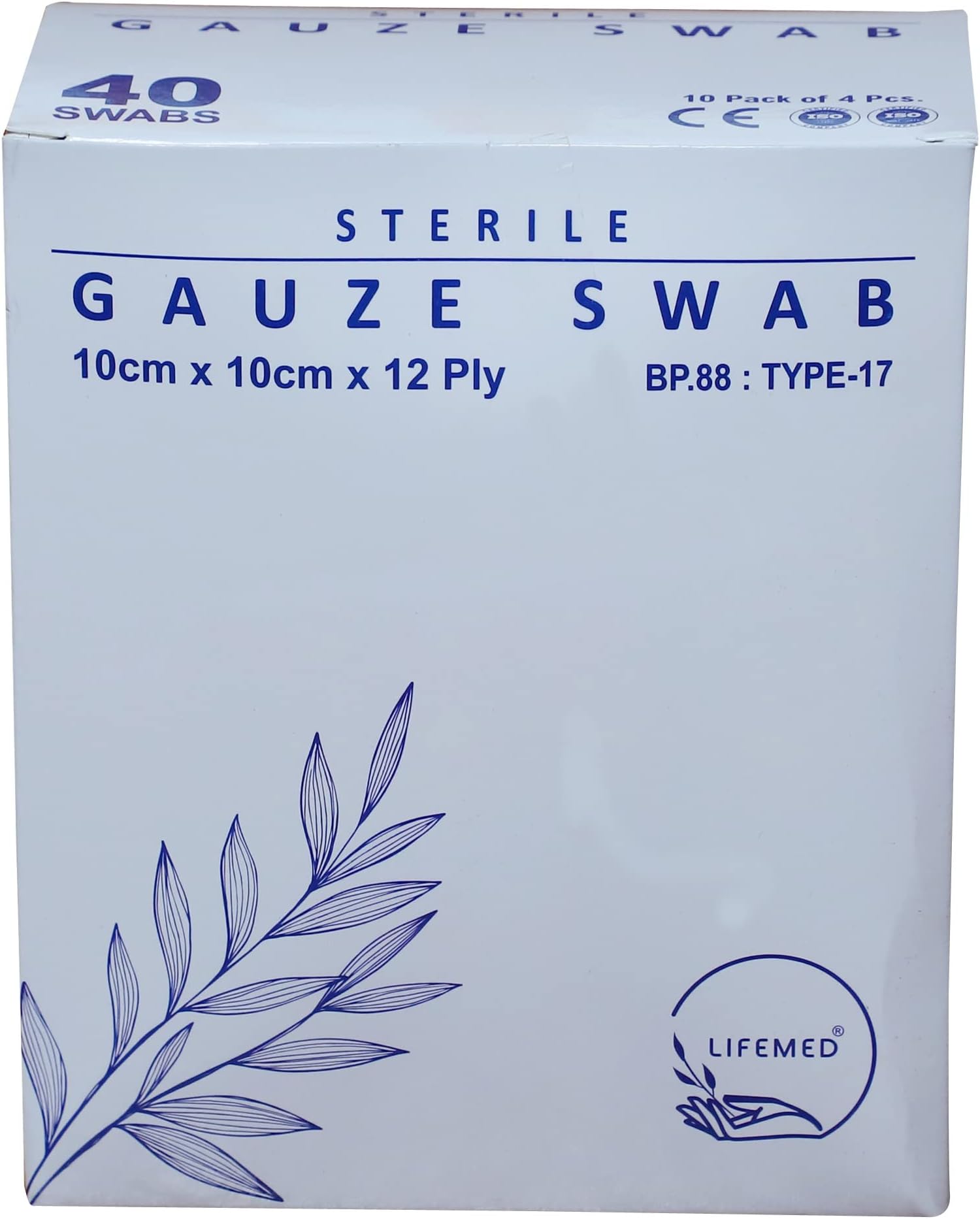 Lifemed Sterile Gauze swab (White, 10cm X 10cm X 12 ply, Type-17) - 40 Nos