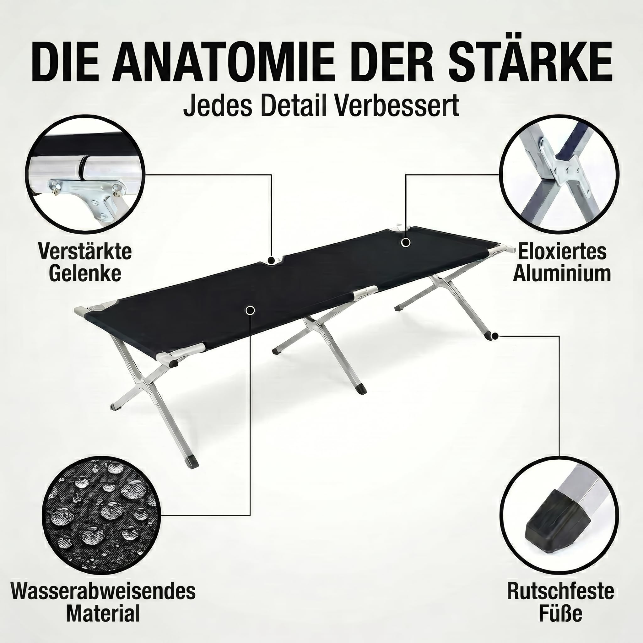 GOODS+GADGETS Faltbares Army Feldbett aus Aluminium - klappbares Campingbett & Gästebett