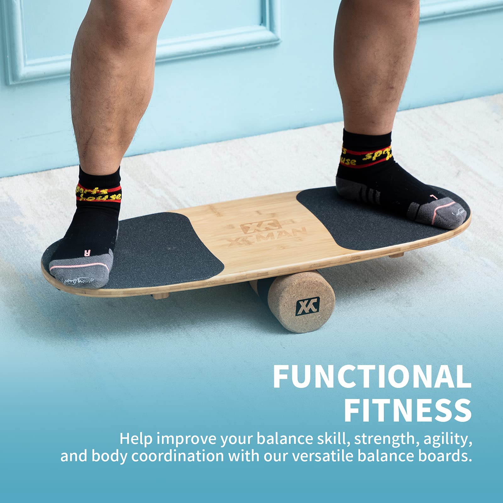 XCMAN Balance Board Trainer in bambù con tappi regolabili – 3 diverse opzioni di distanza | Balance Board per surf, snowboard, sci, skateboard e allenamento yoga
