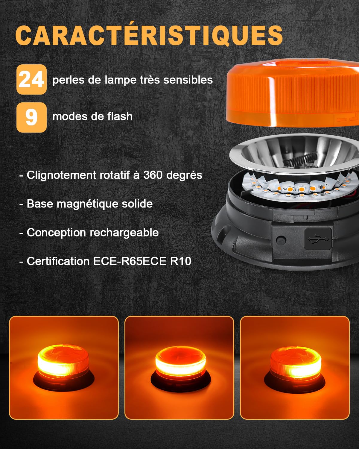 Dinfu 2 Gyrophare LED orange 12V sans fil Rechargeable 12V-24V jaune stroboscopique clignotant magnetique 9 modes Avec câble USB de voiture véhicule Tracteur de golf UTV Car Bus