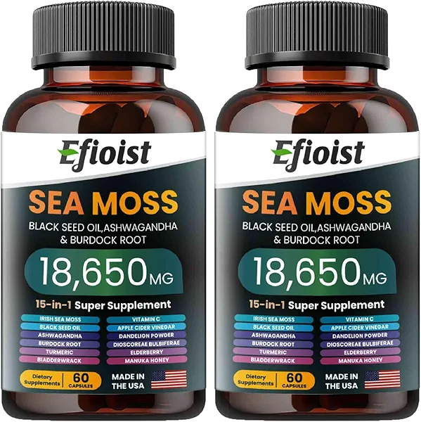 Sea Moss Black Seed Oil Ashwagandha Ginger & Burdock Root Turmeric Bladderwrack Chlorophyll ACV Supplement 120 Count